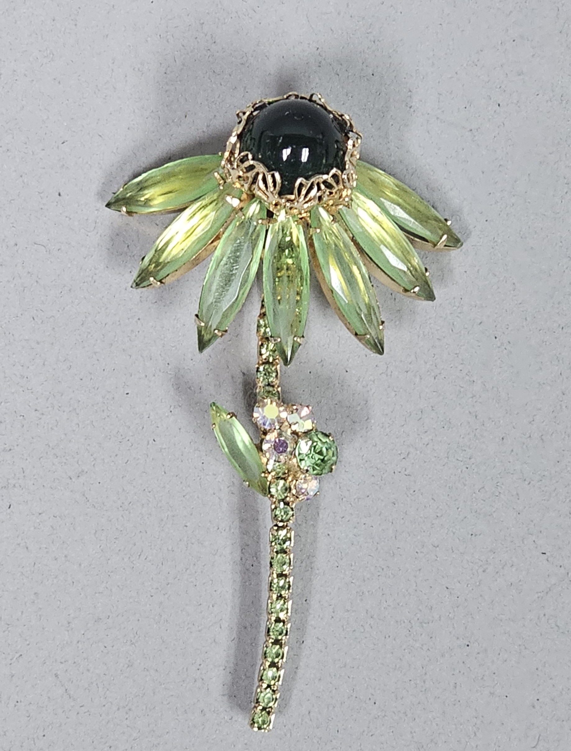 Vintage Green Rhinestone Floral Brooch