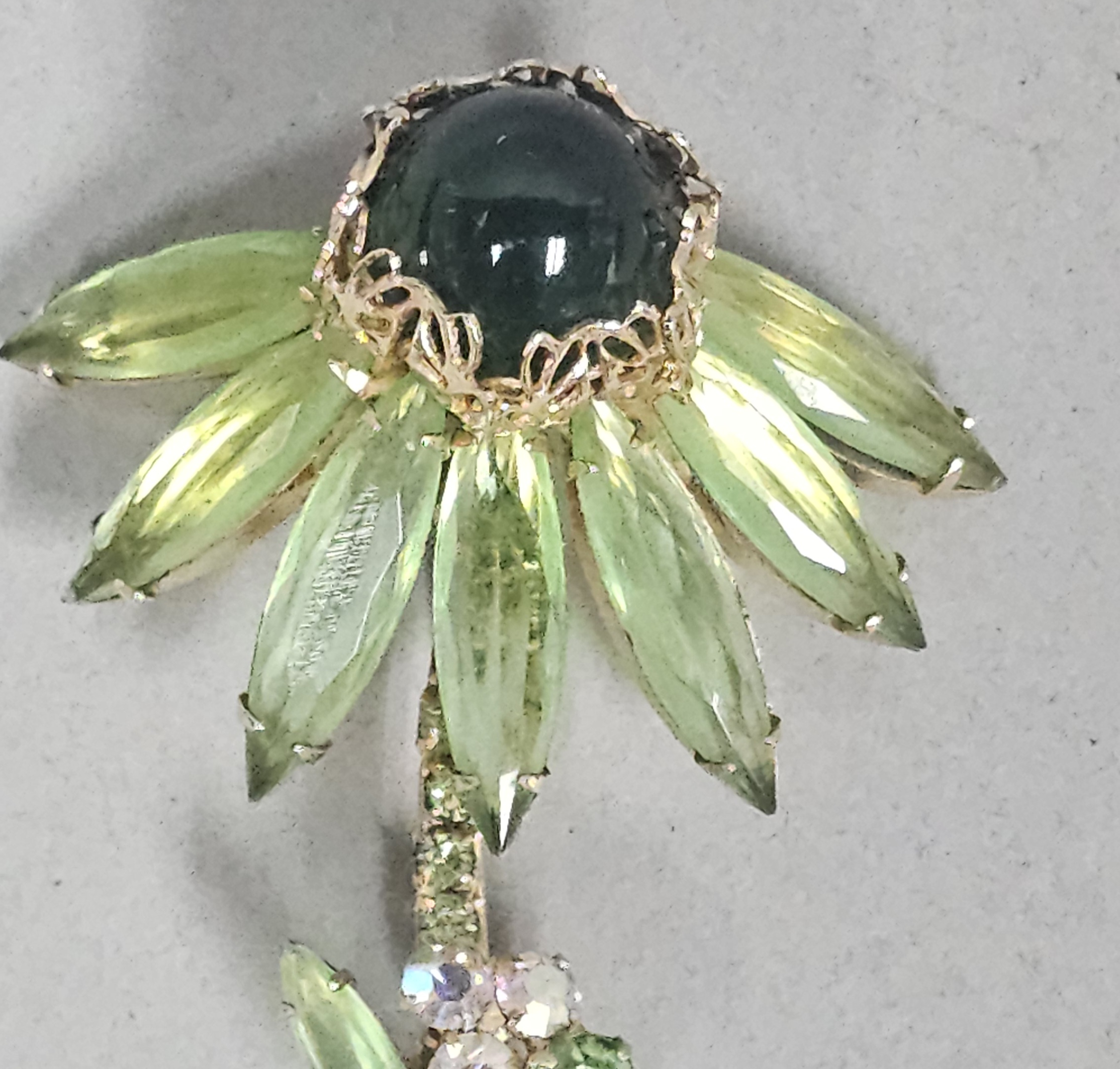 Vintage Green Rhinestone Floral Brooch