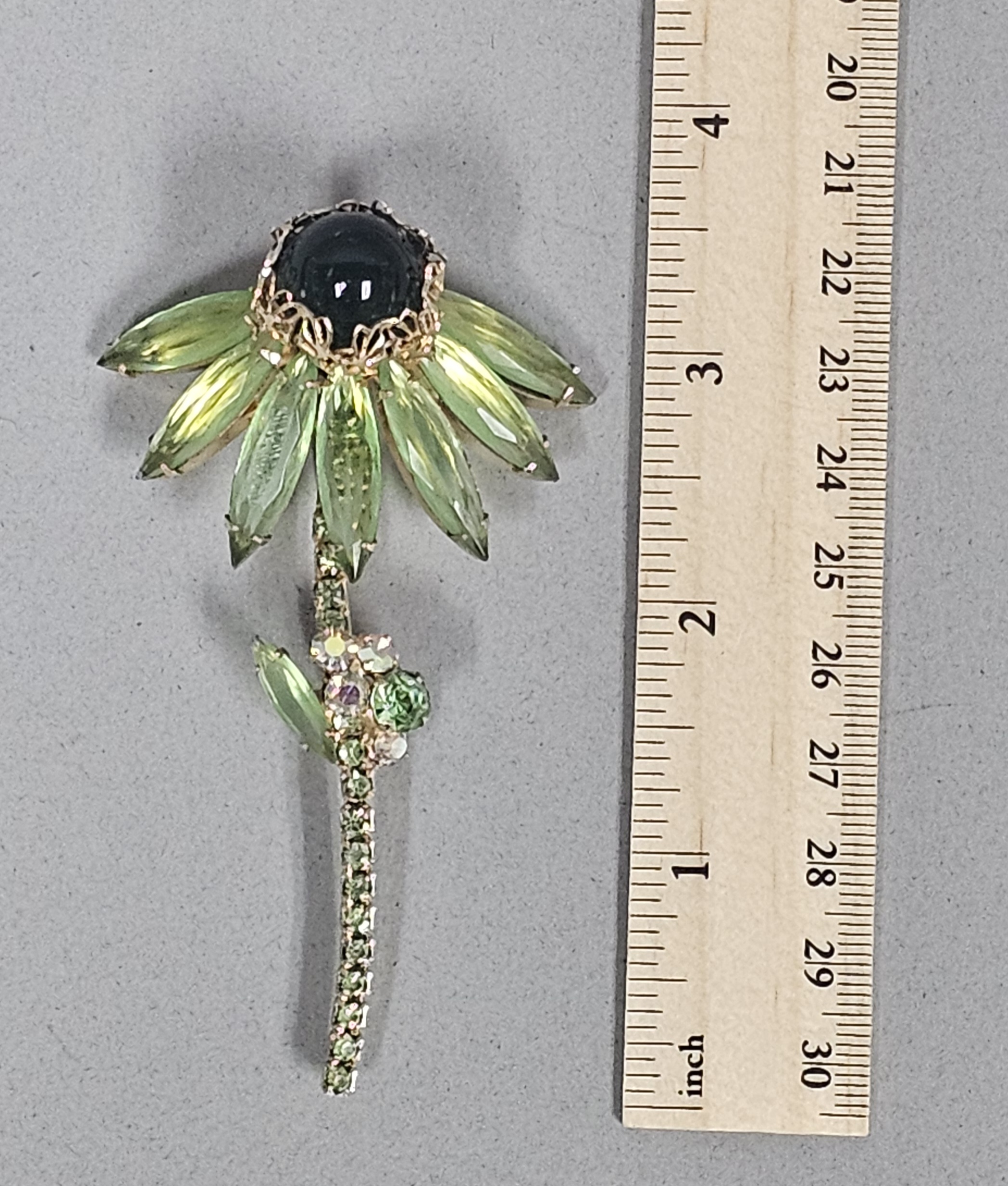 Vintage Green Rhinestone Floral Brooch