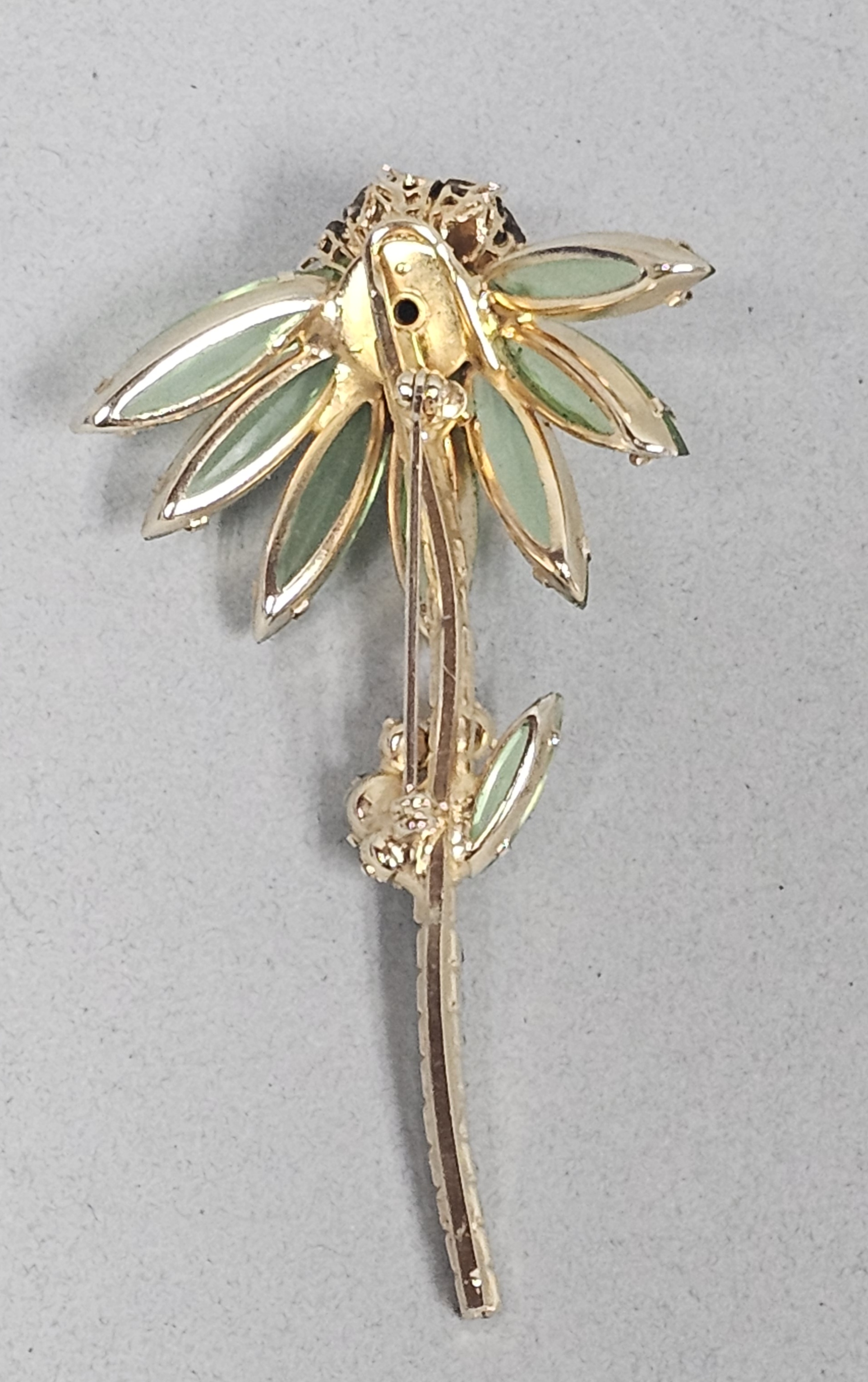 Vintage Green Rhinestone Floral Brooch