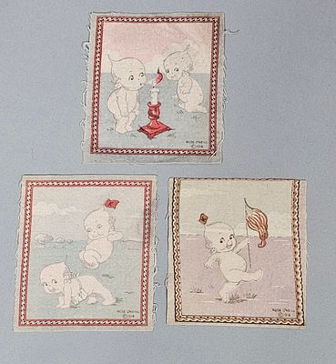 Trio of 1914 Rose O'Neill Kewpie Tobacco Flannels. A trio of woven cotton flannel panels 