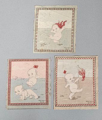 Three Rose O'Neill Kewpie Tobacco Flannels. This set of three printed cotton panels features 