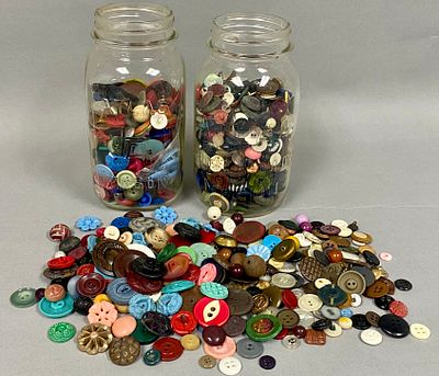 Two Atlas Mason Jars of Vintage Buttons. An expansive assortment of vintage and modern sewing 