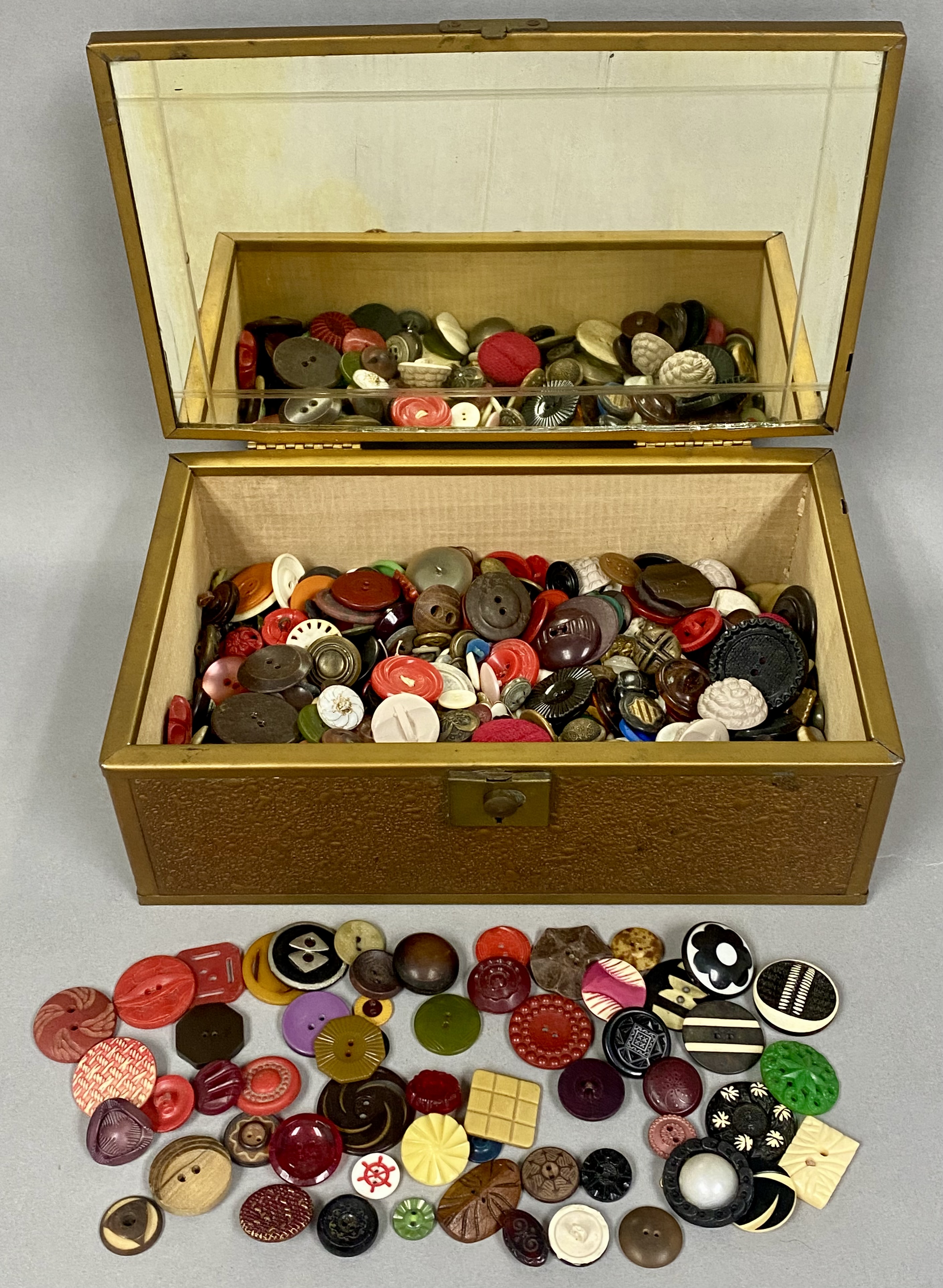 Vintage Button Collection in Metal-Clad Box