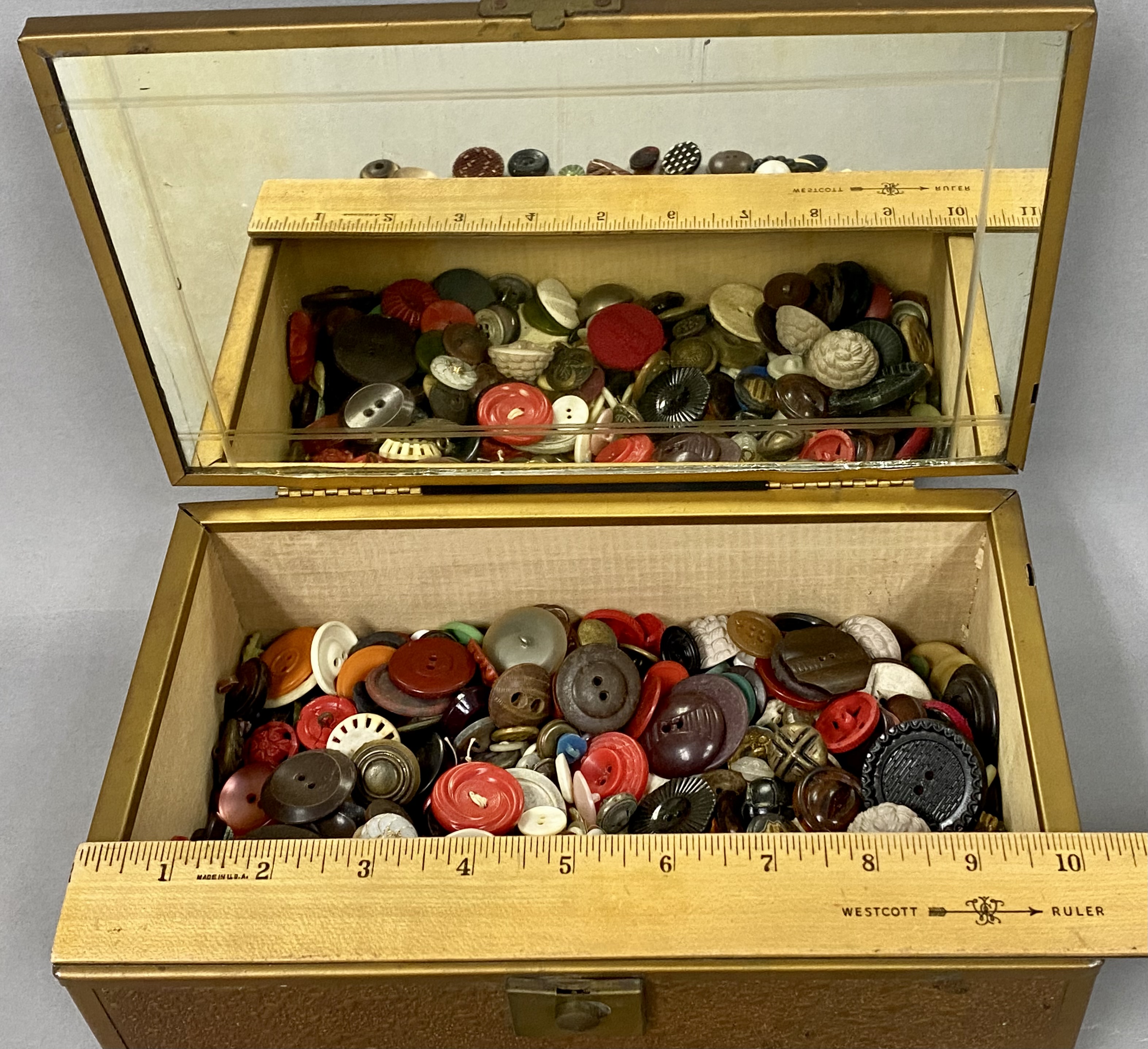 Vintage Button Collection in Metal-Clad Box