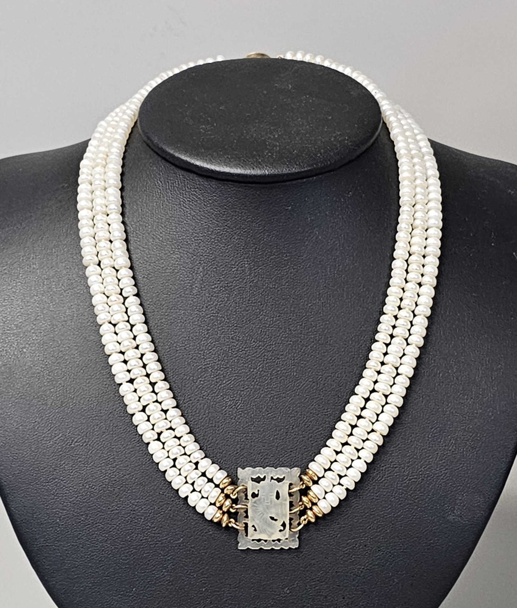 14K Triple-Strand Pearl and Carved Jade Necklace