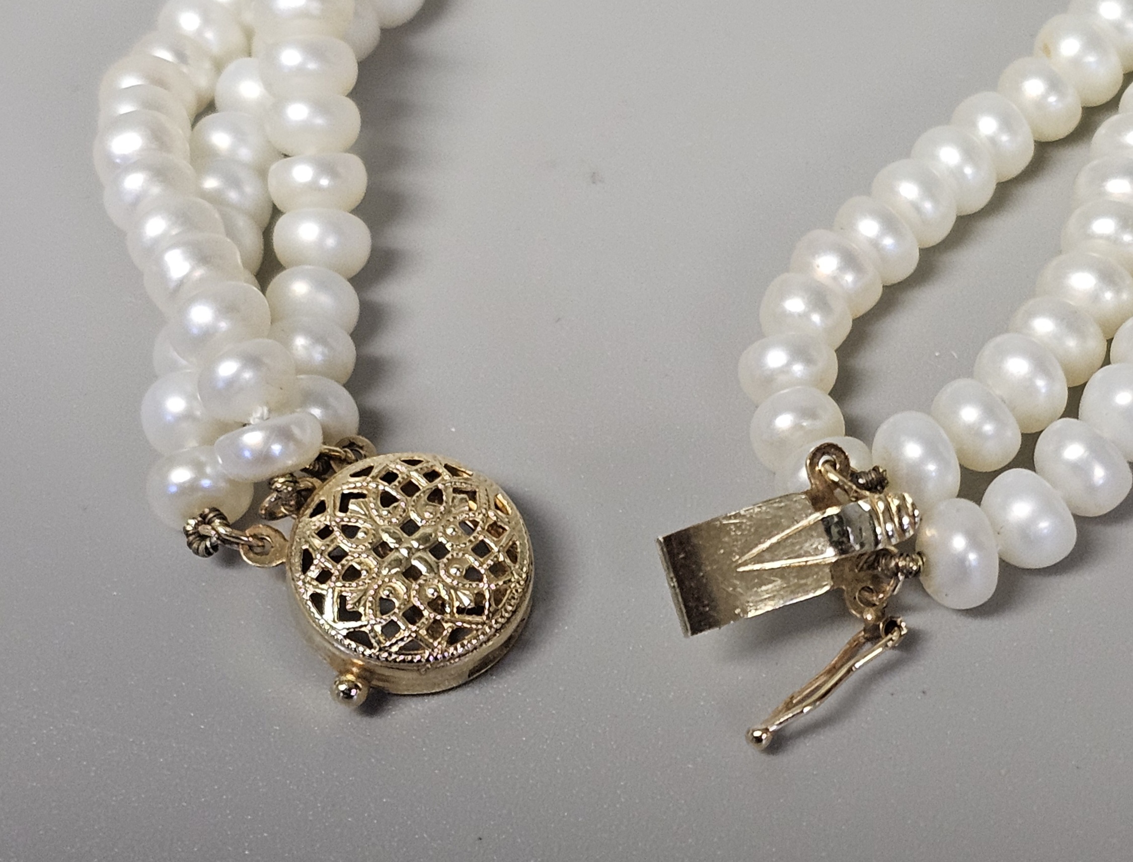 14K Triple-Strand Pearl and Carved Jade Necklace