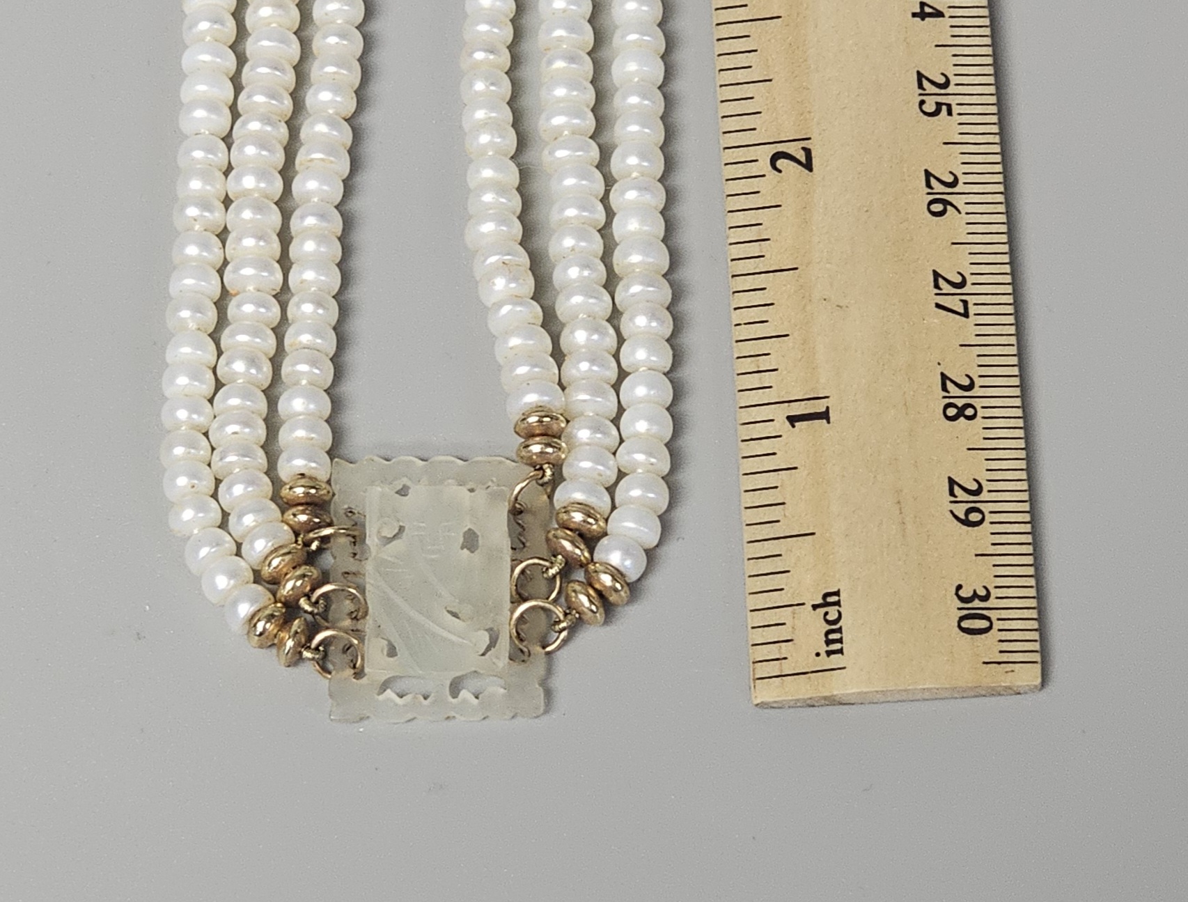 14K Triple-Strand Pearl and Carved Jade Necklace