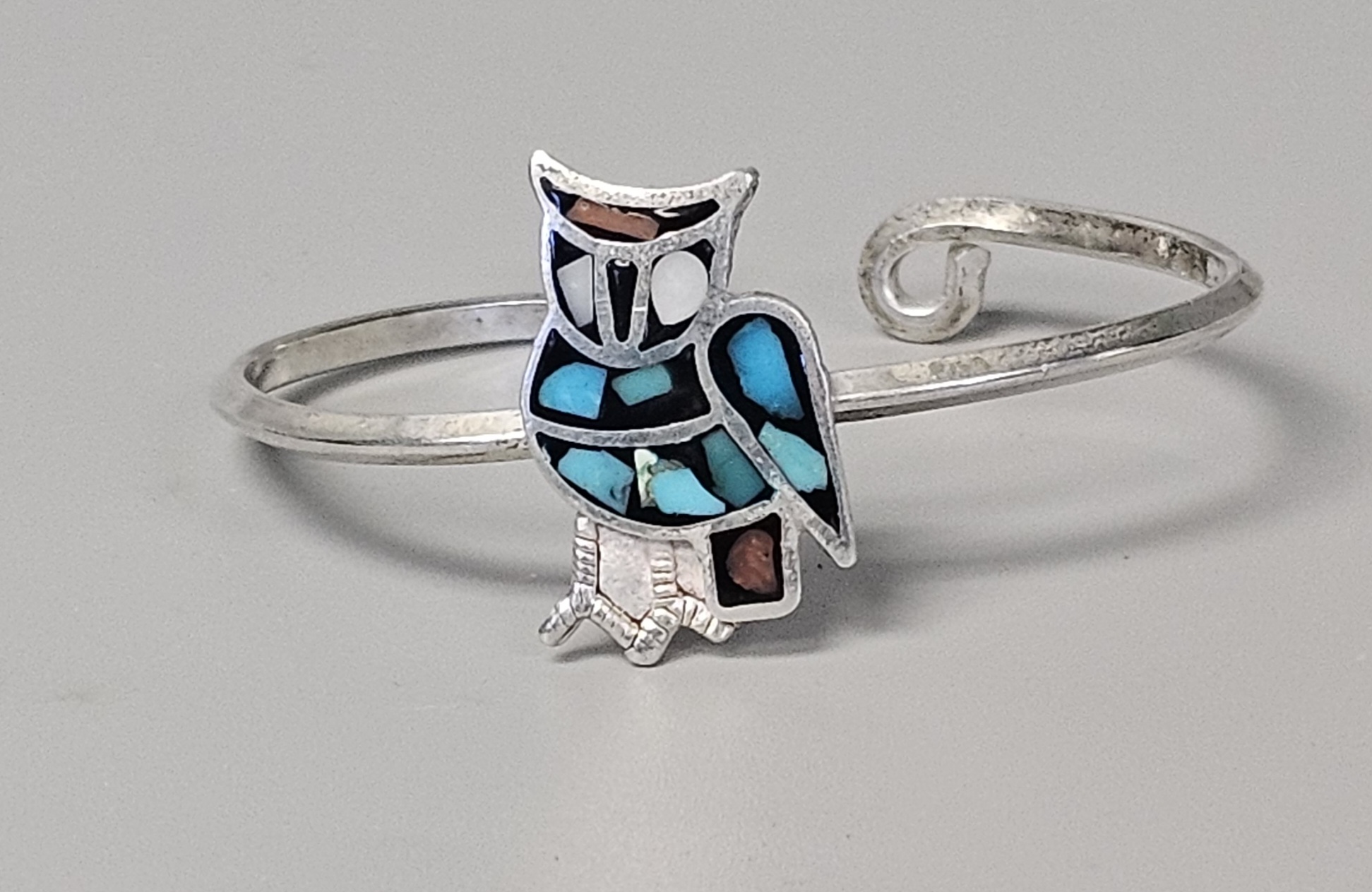 Zuni-Style Inlay Owl Silver Bracelet 10.0 Grams