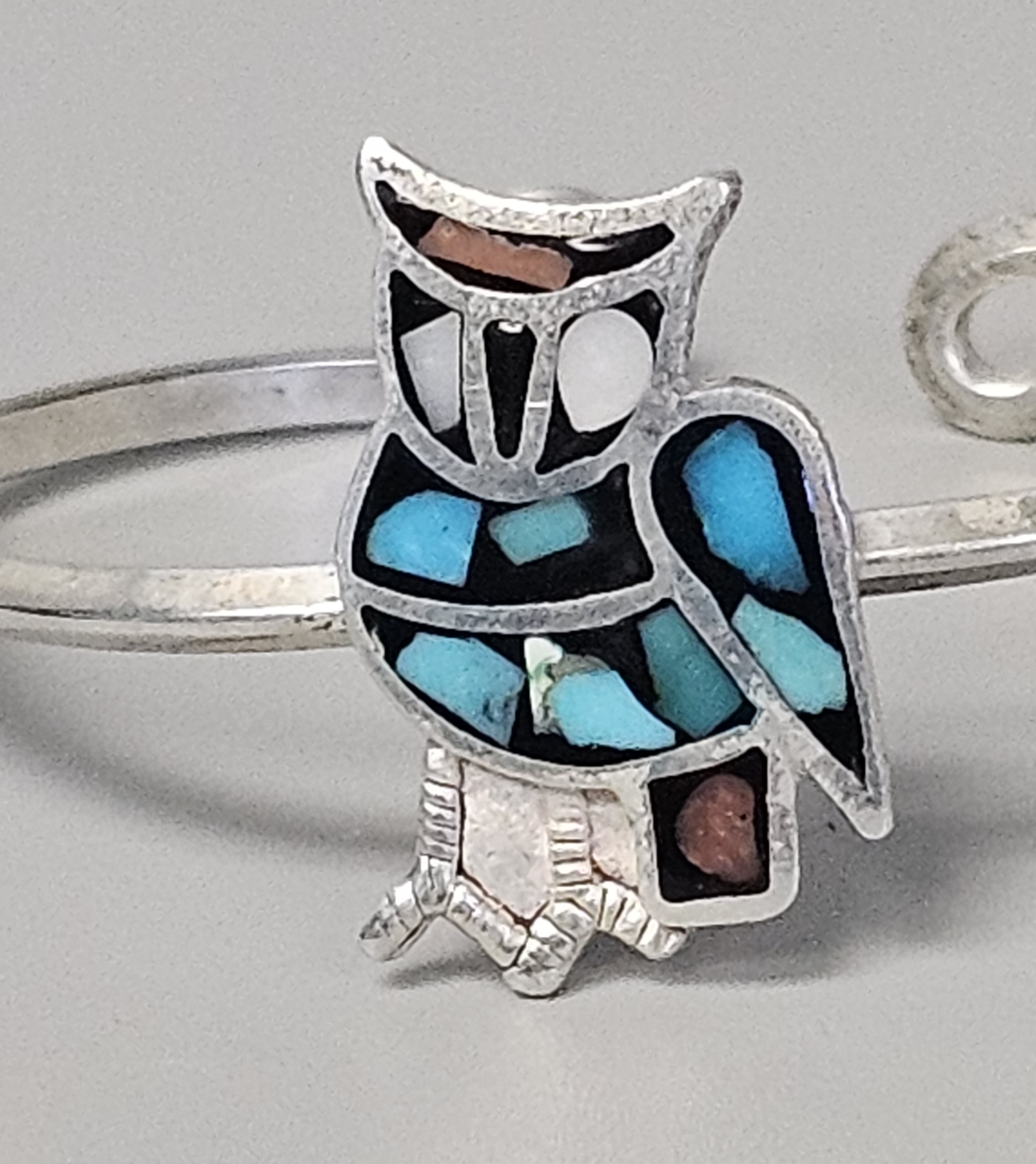 Zuni-Style Inlay Owl Silver Bracelet 10.0 Grams