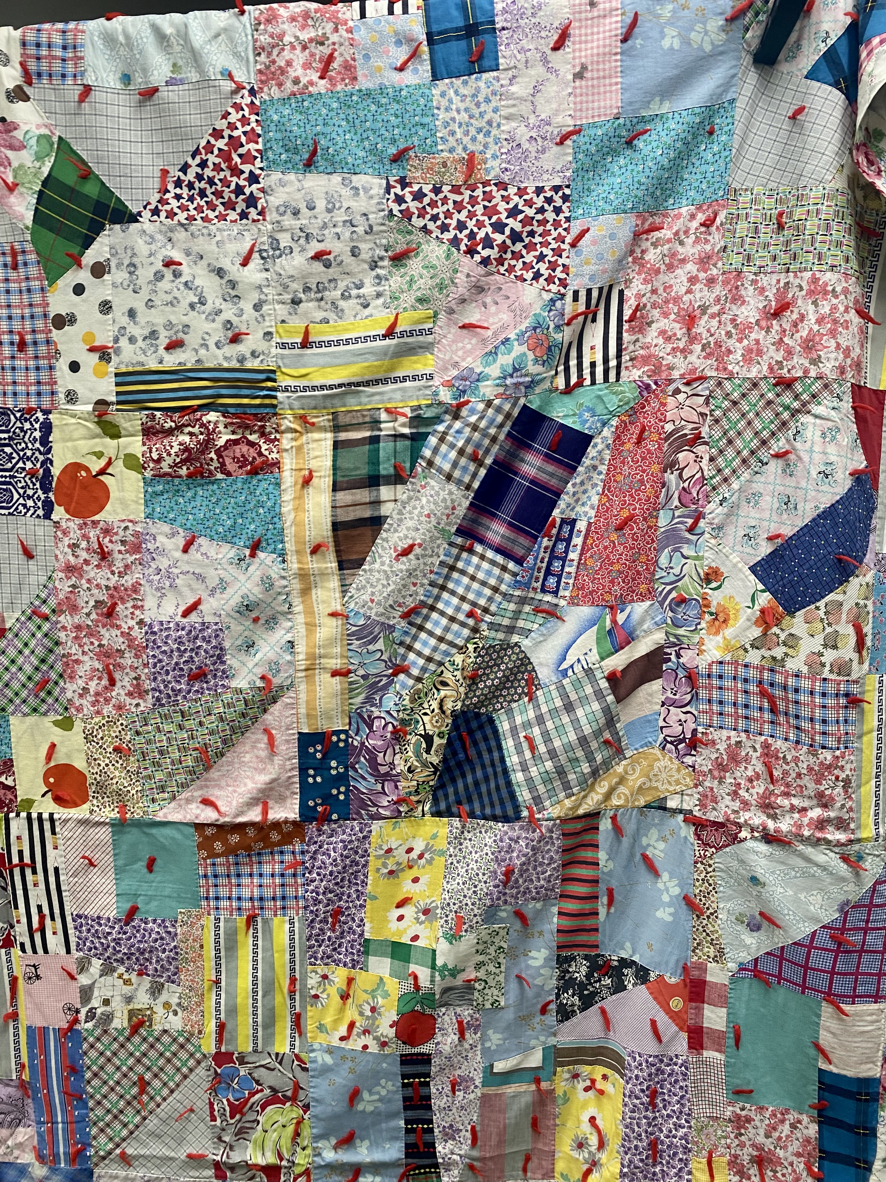Mid-Century Hand-Tied Cotton Crazy Quilt