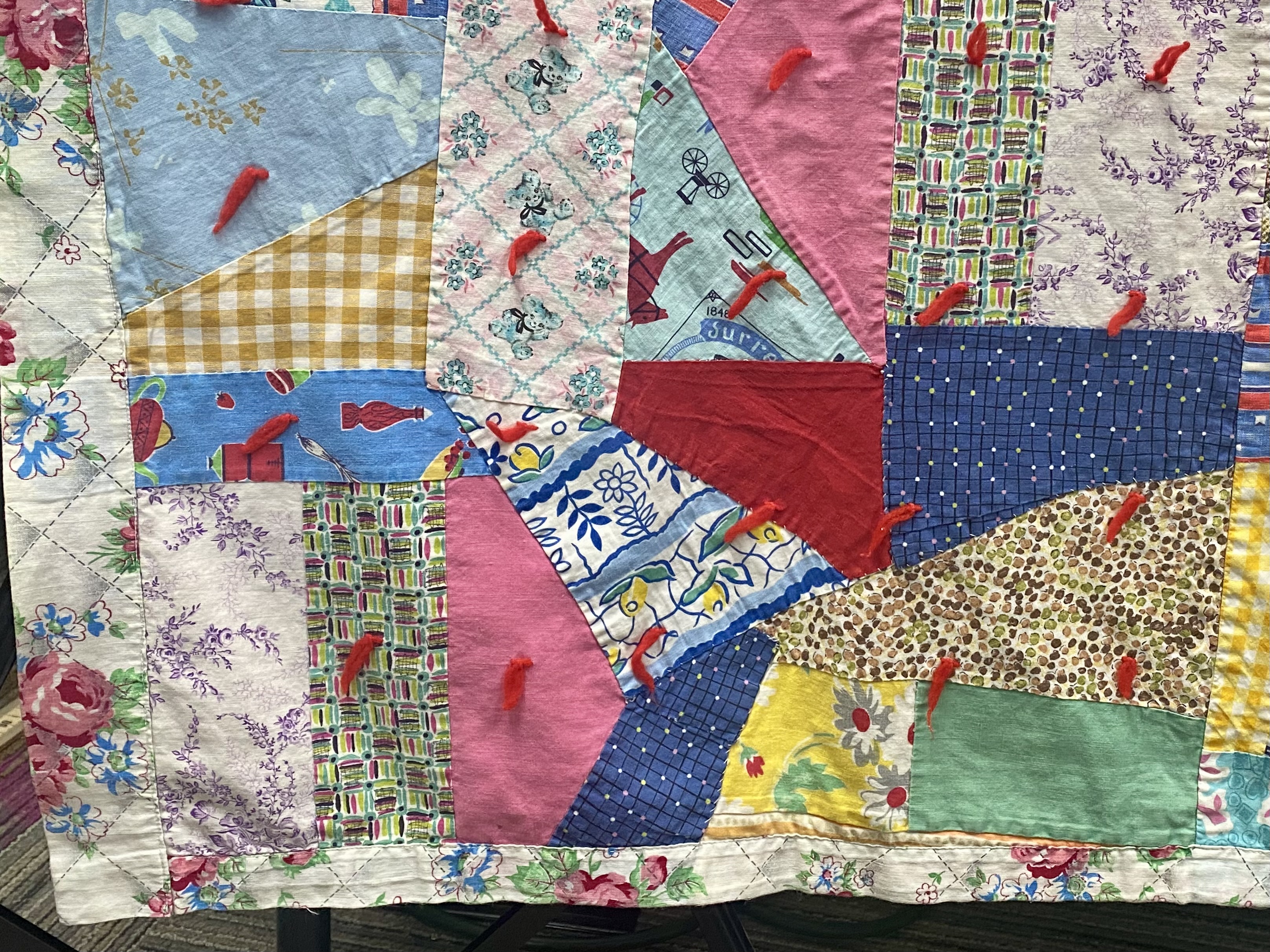 Mid-Century Hand-Tied Cotton Crazy Quilt