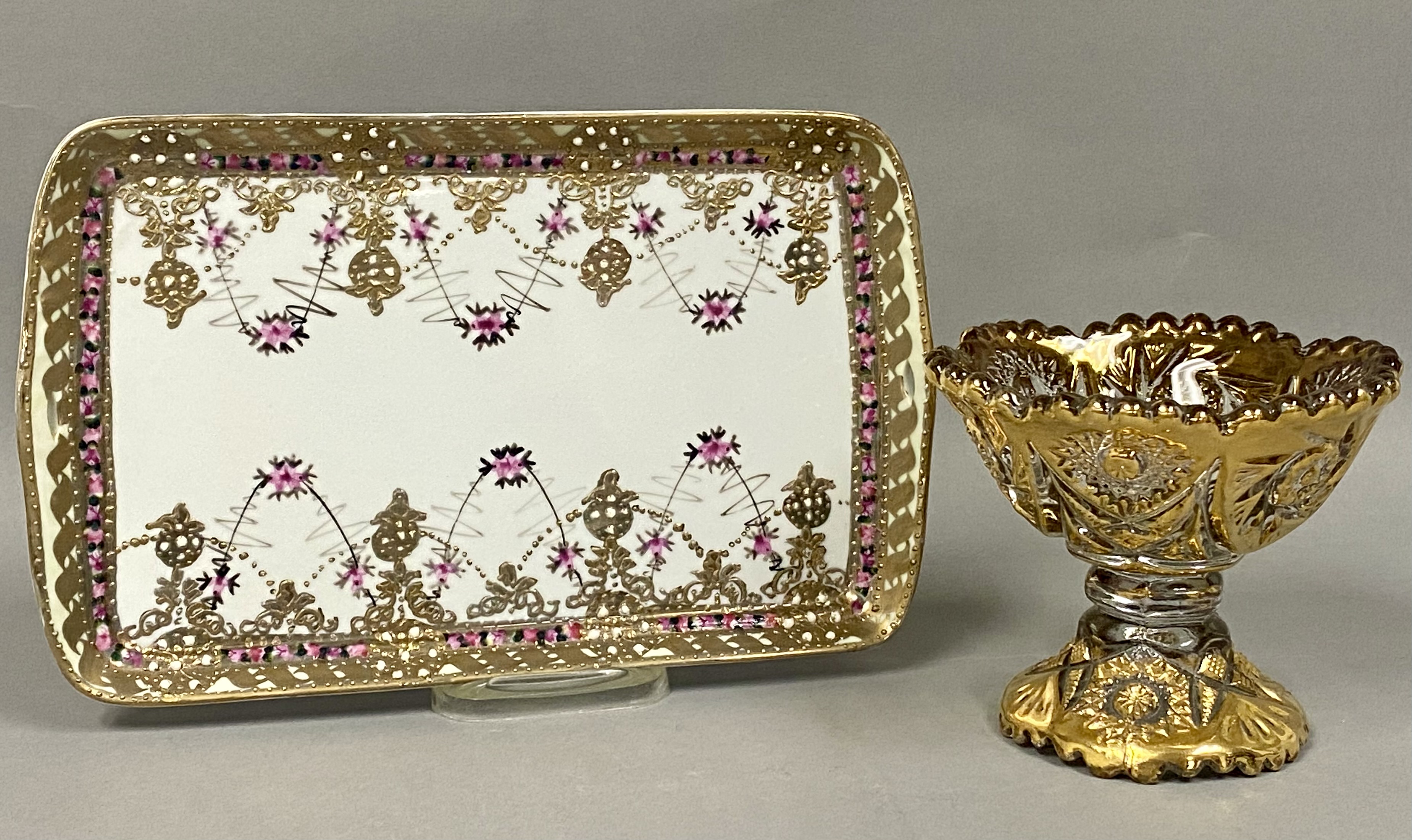 Nippon Tray and Gilded Glass Compote