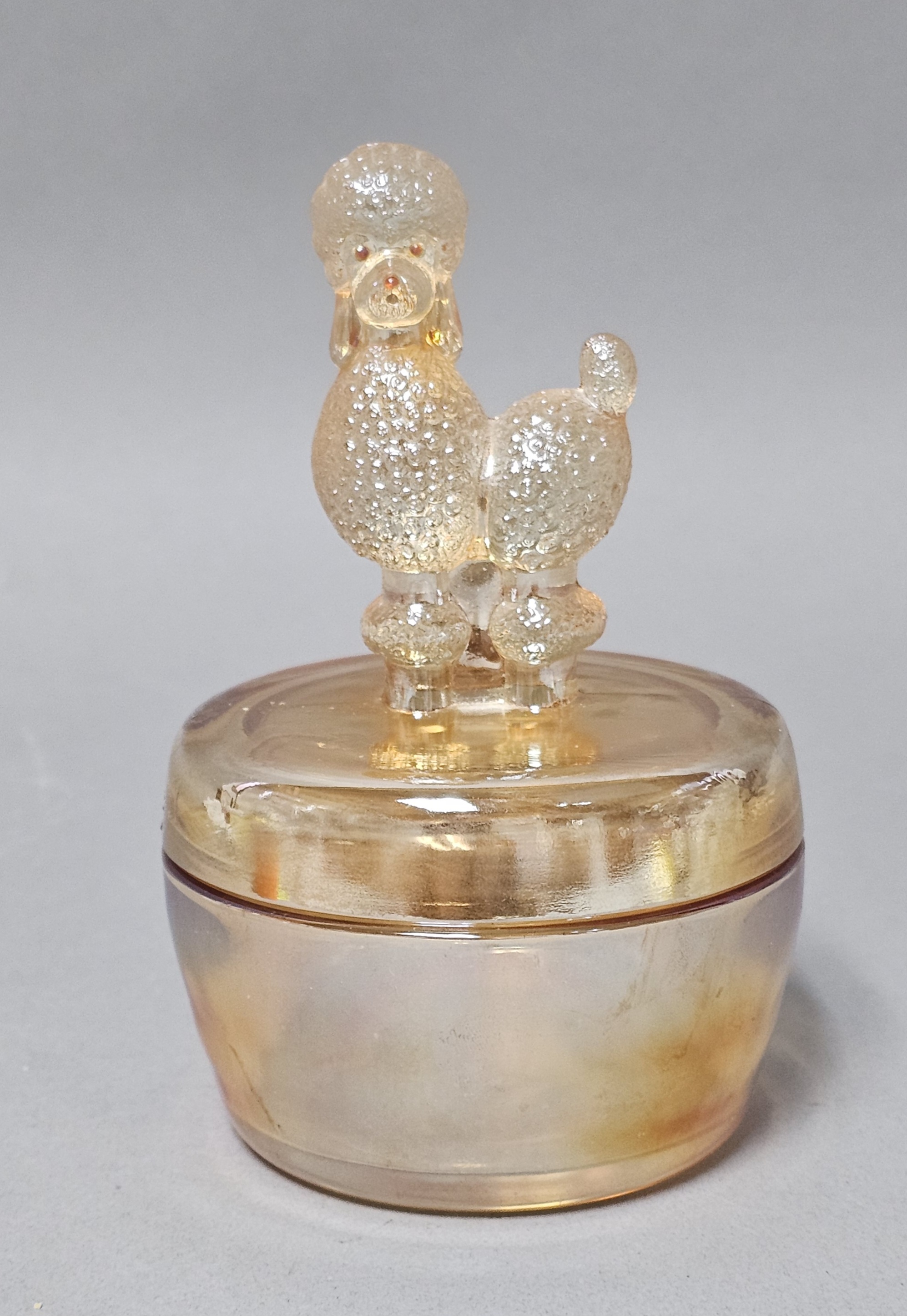 Jeannette Marigold Carnival Glass Poodle Jar