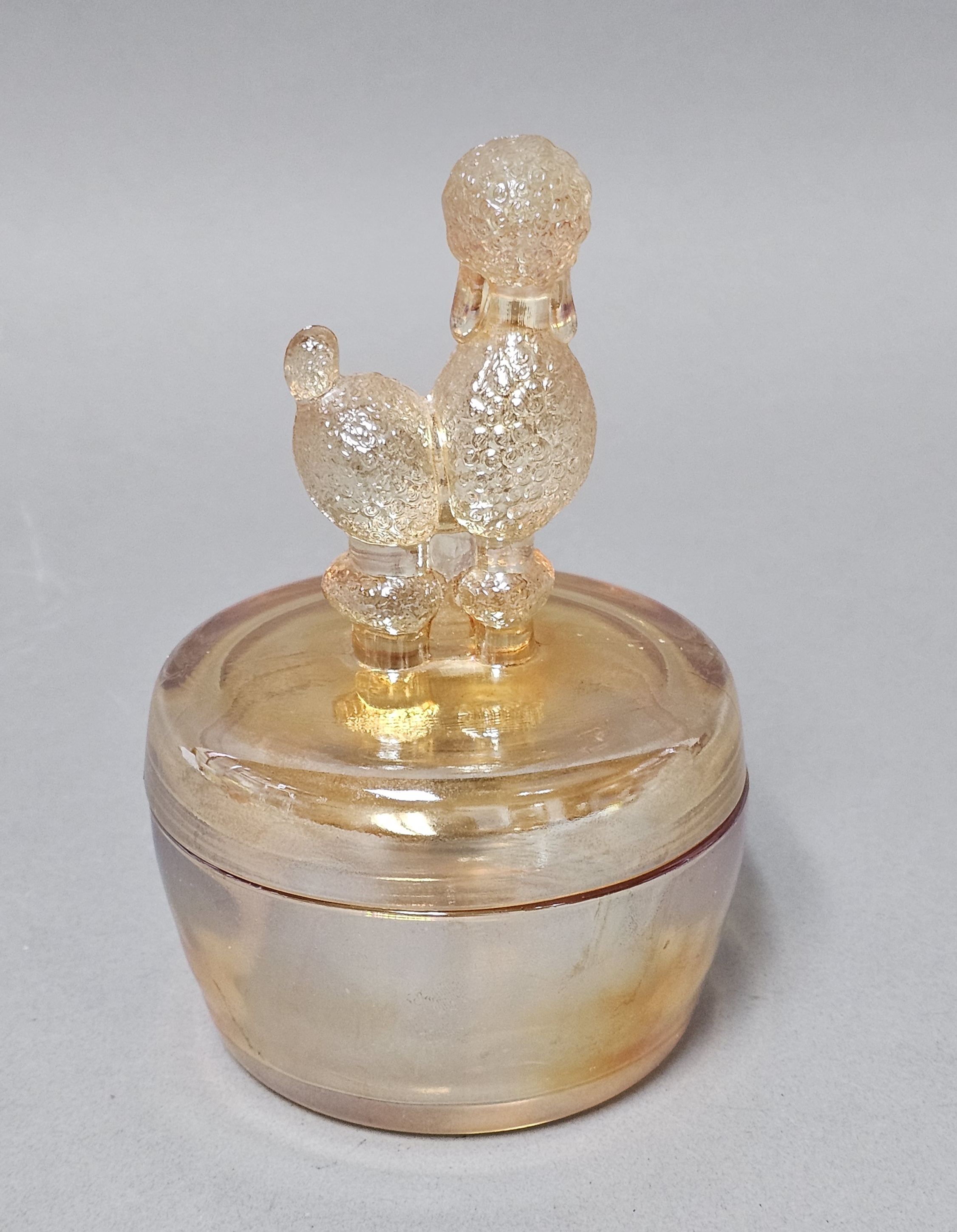Jeannette Marigold Carnival Glass Poodle Jar