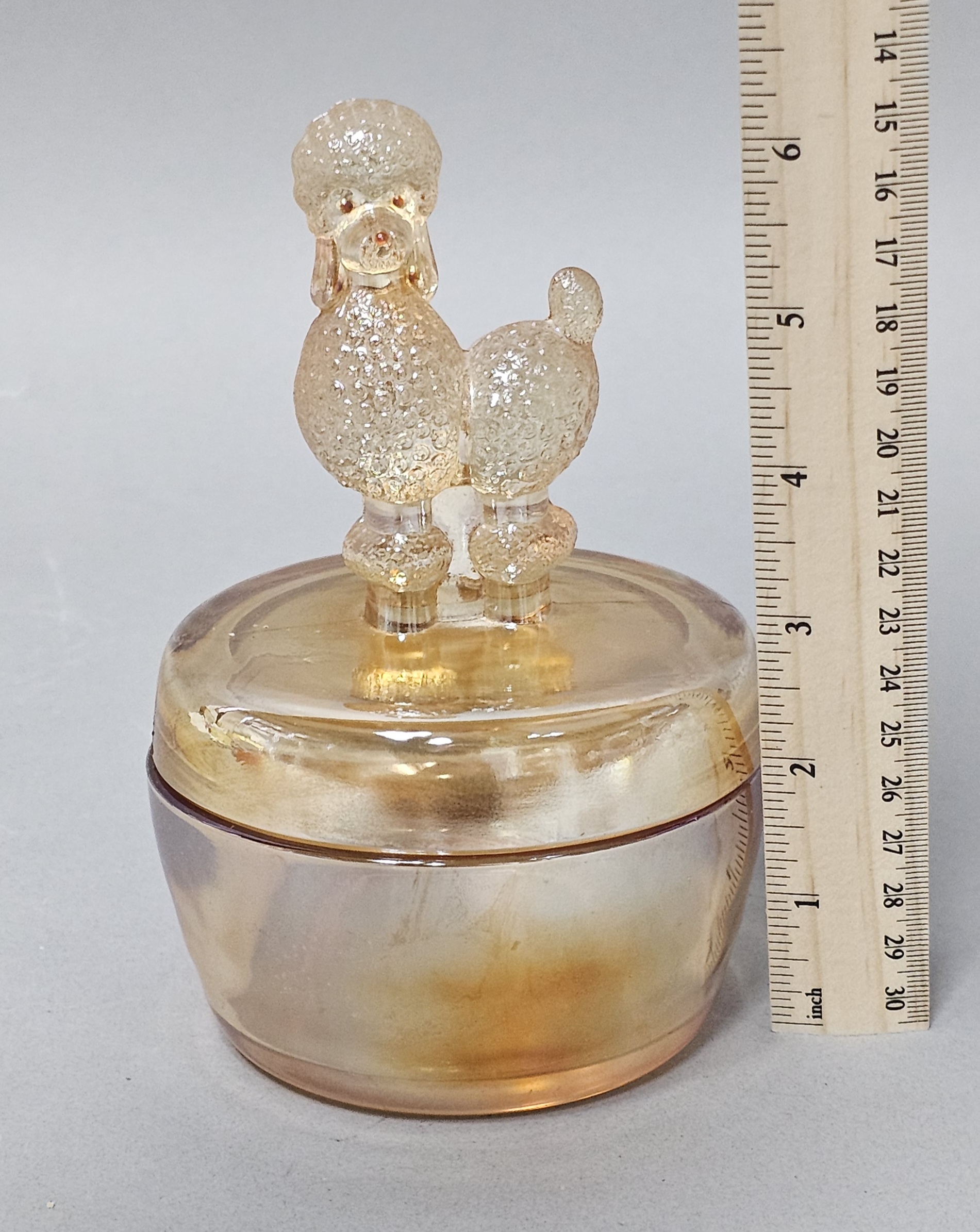 Jeannette Marigold Carnival Glass Poodle Jar