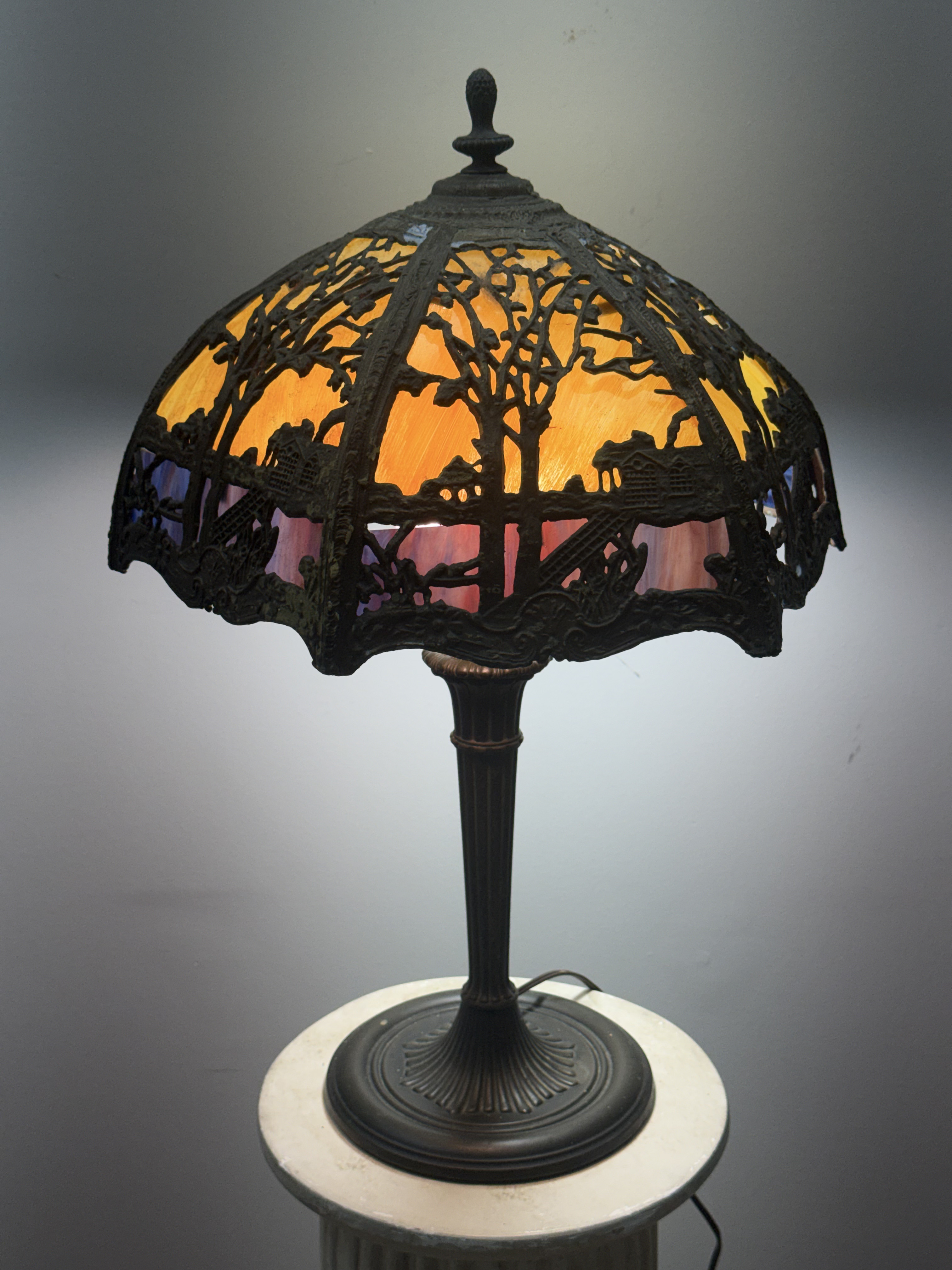 Scenic Overlay Two-Tone Slag Glass Lamp