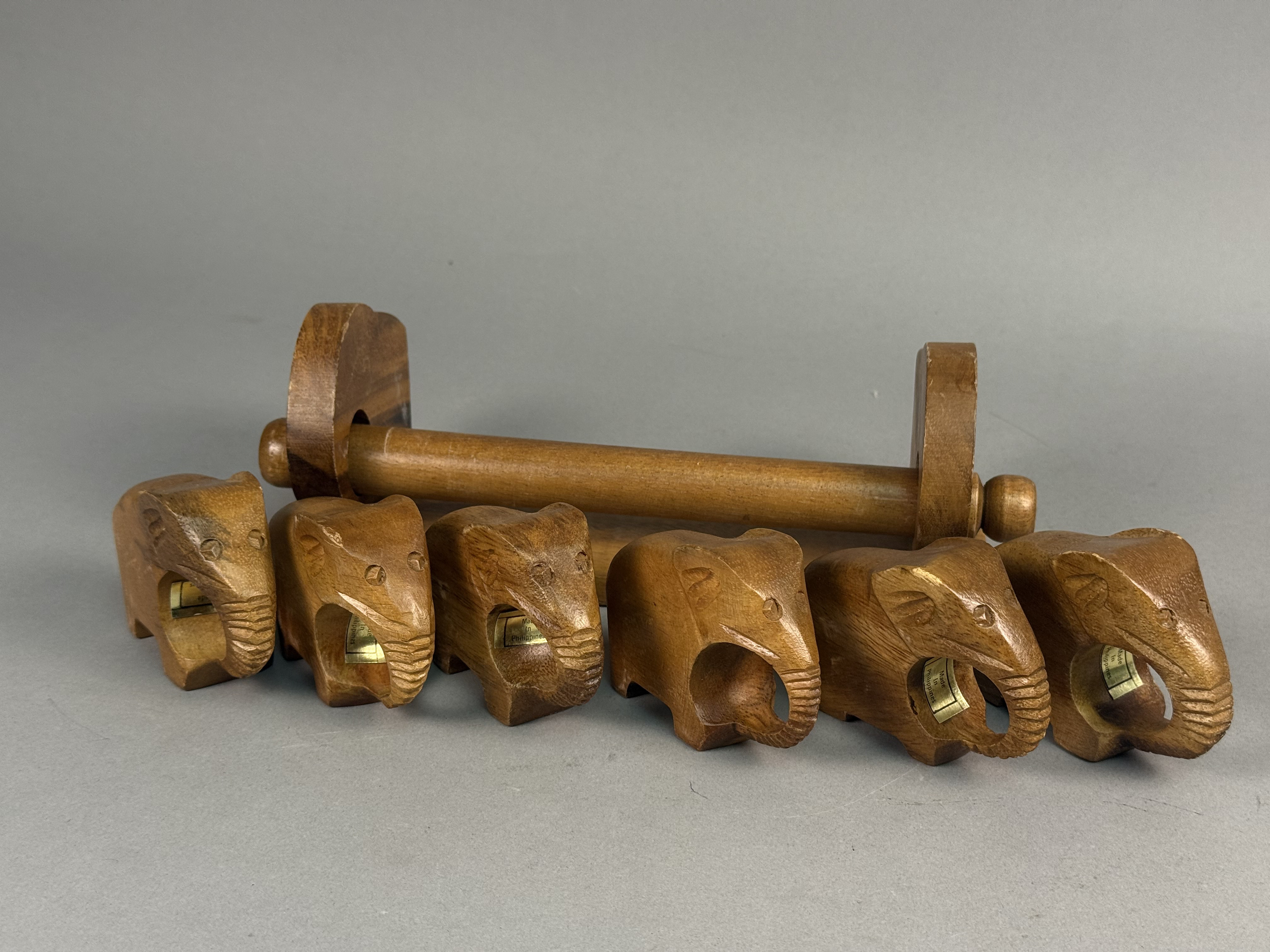 Six Carved Wood Elephant Napkin Rings