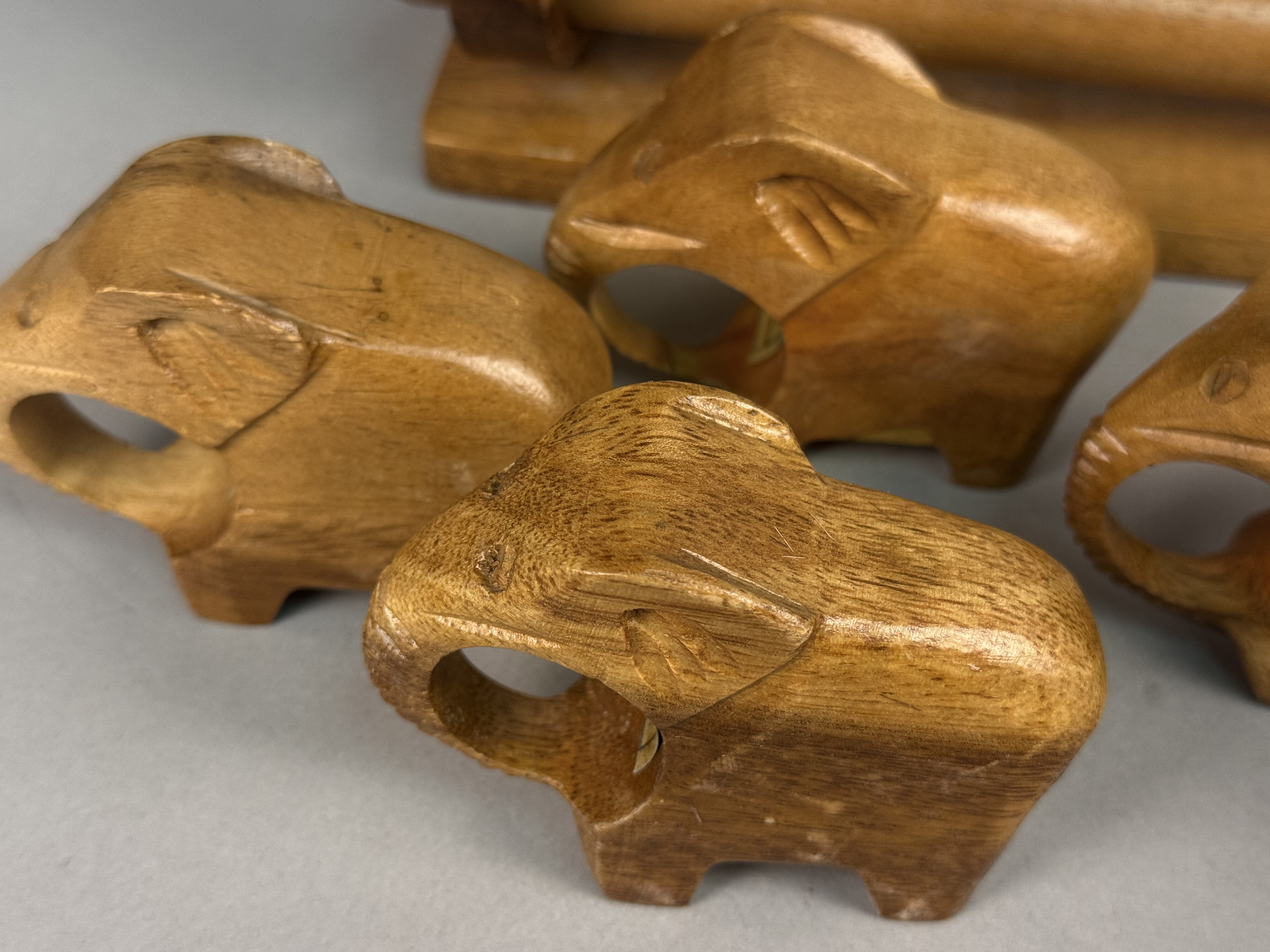 Six Carved Wood Elephant Napkin Rings