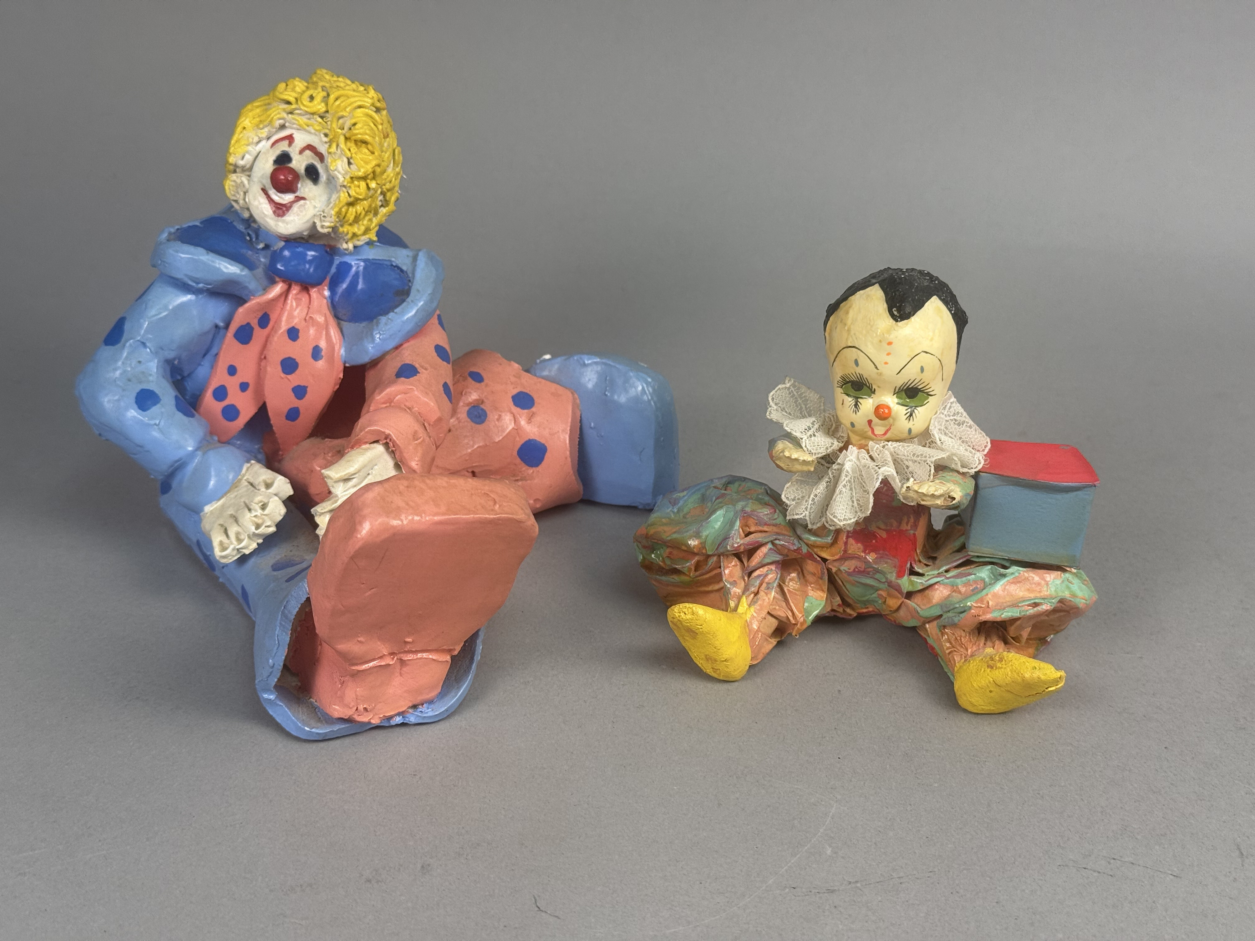 Two Hand-Painted Folk Art Clown Figurines