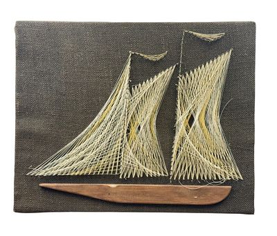 Mid-Century Modern 'Schooner' String Art. This string art composition depicts a three-masted 