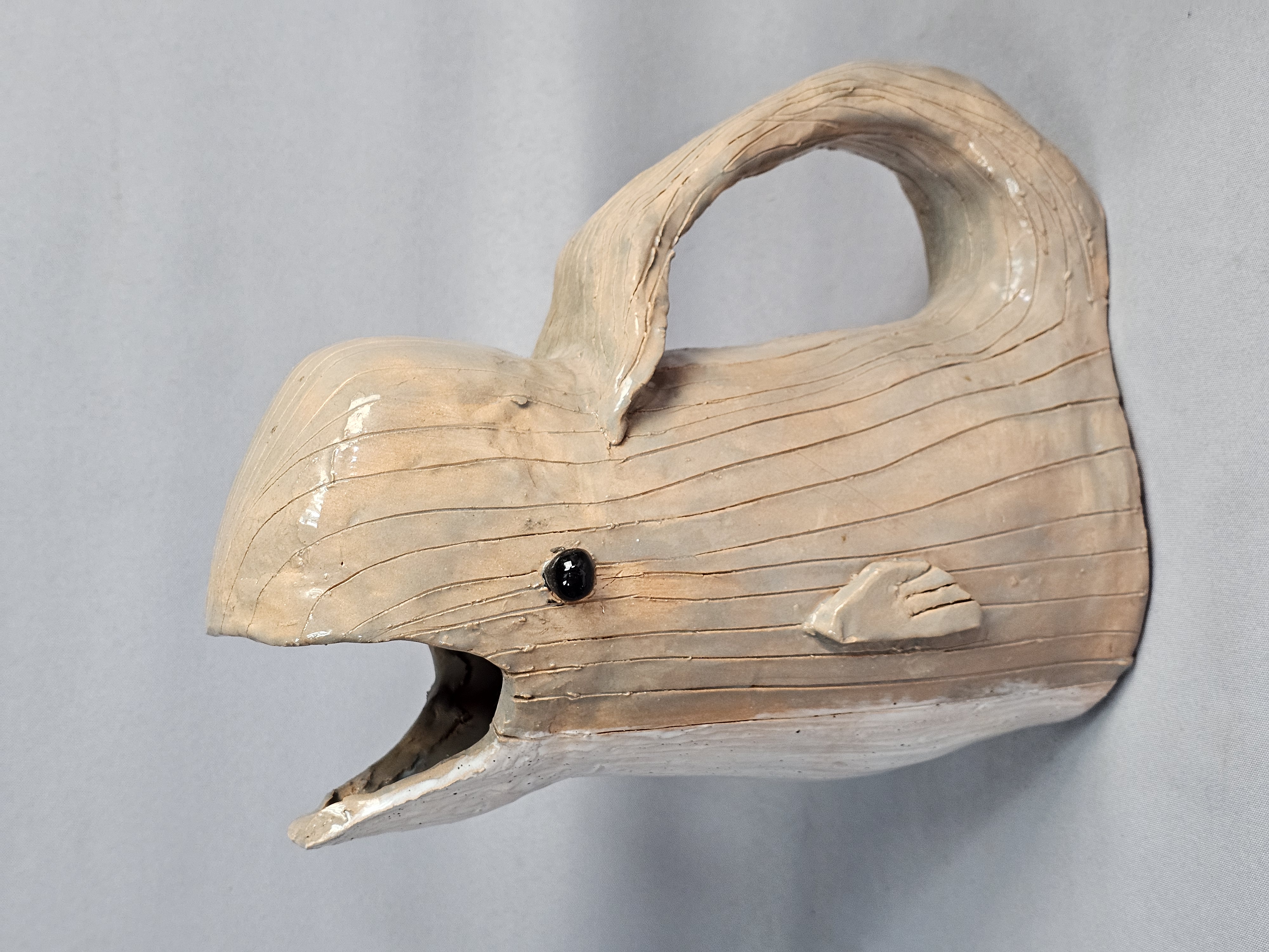 Large Signed Pottery Whale Pitcher