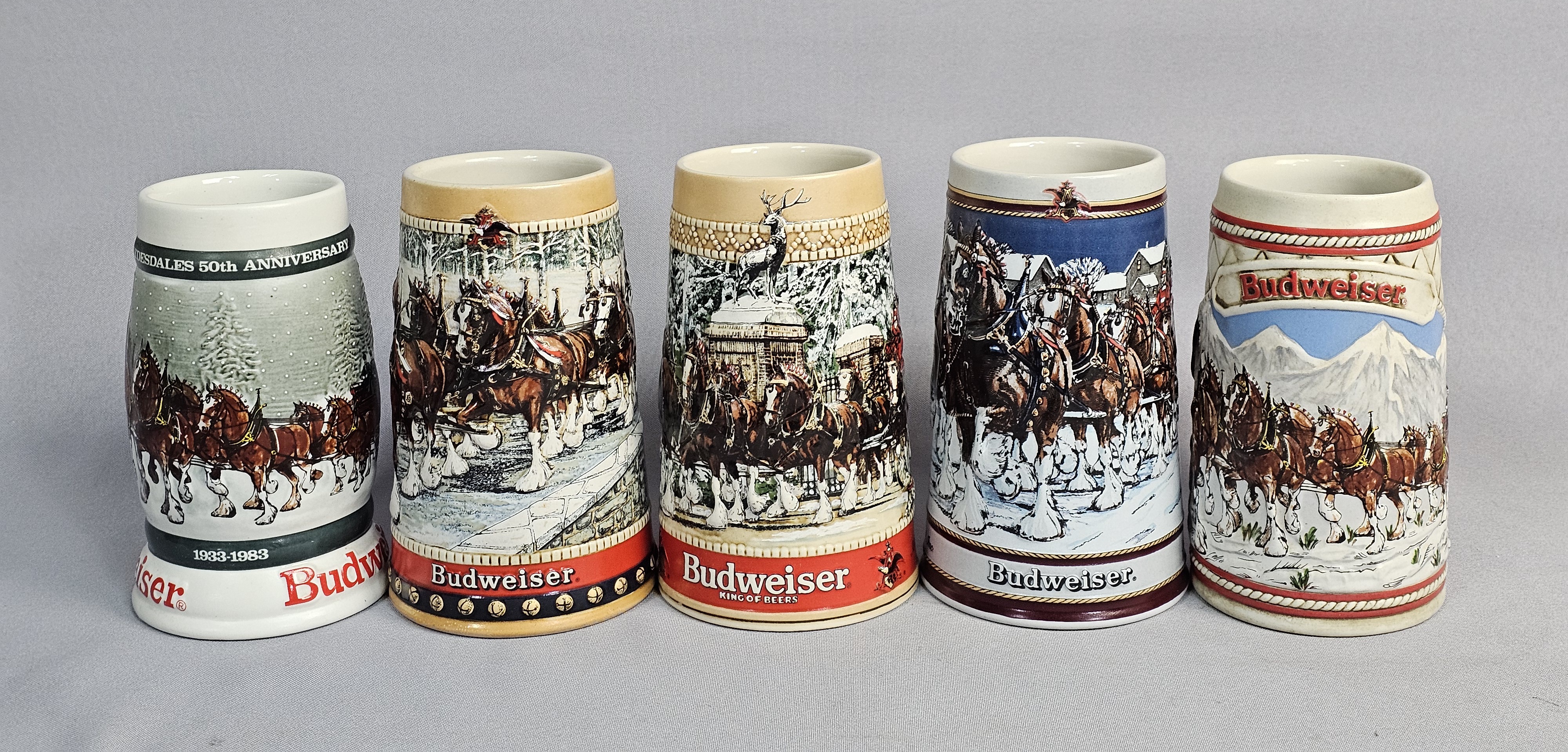 Lot of Five Budweiser Clydesdale Steins
