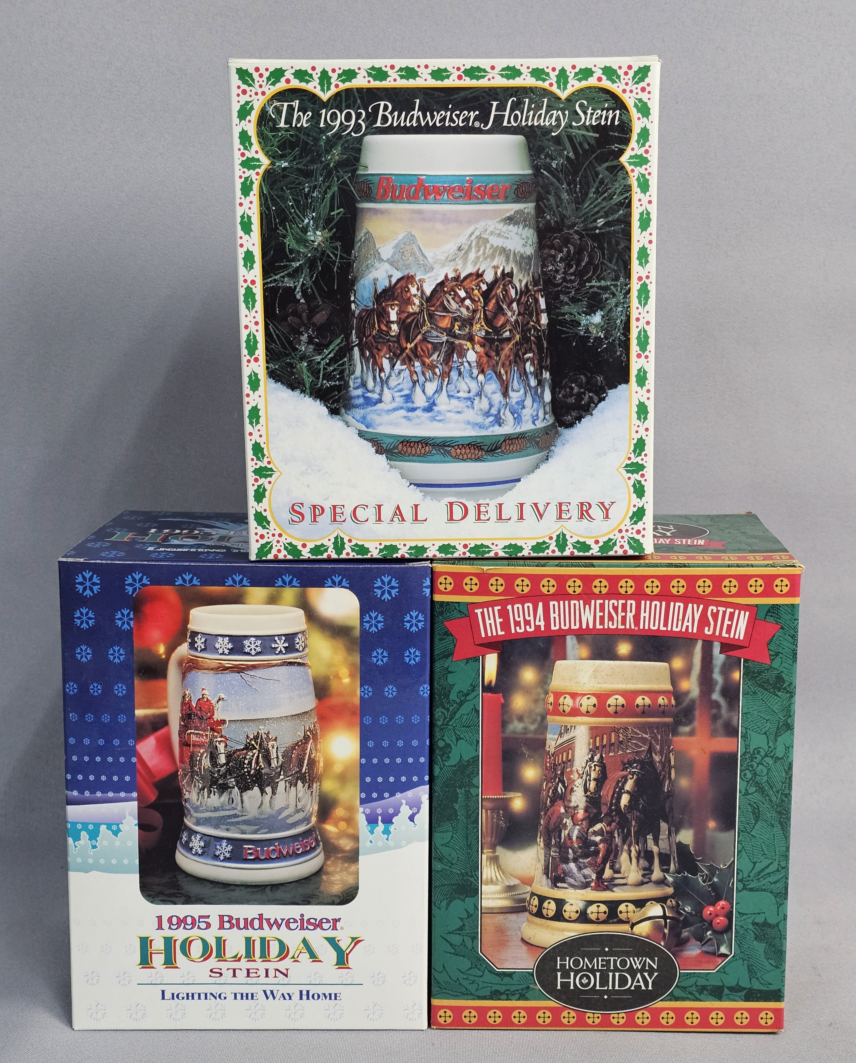 Trio of Budweiser Holiday Steins 1993-1995
