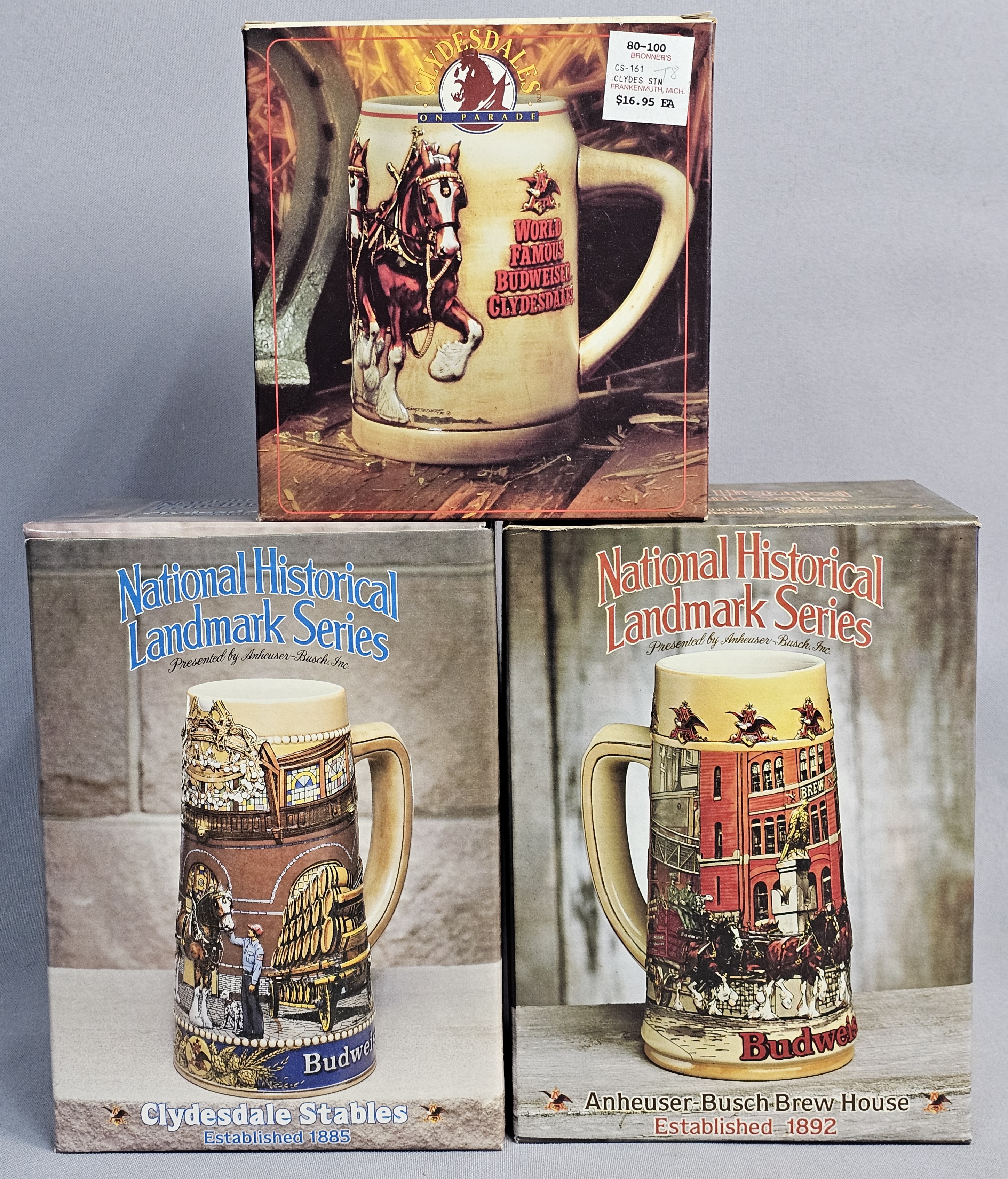 Three Budweiser National Landmark Steins