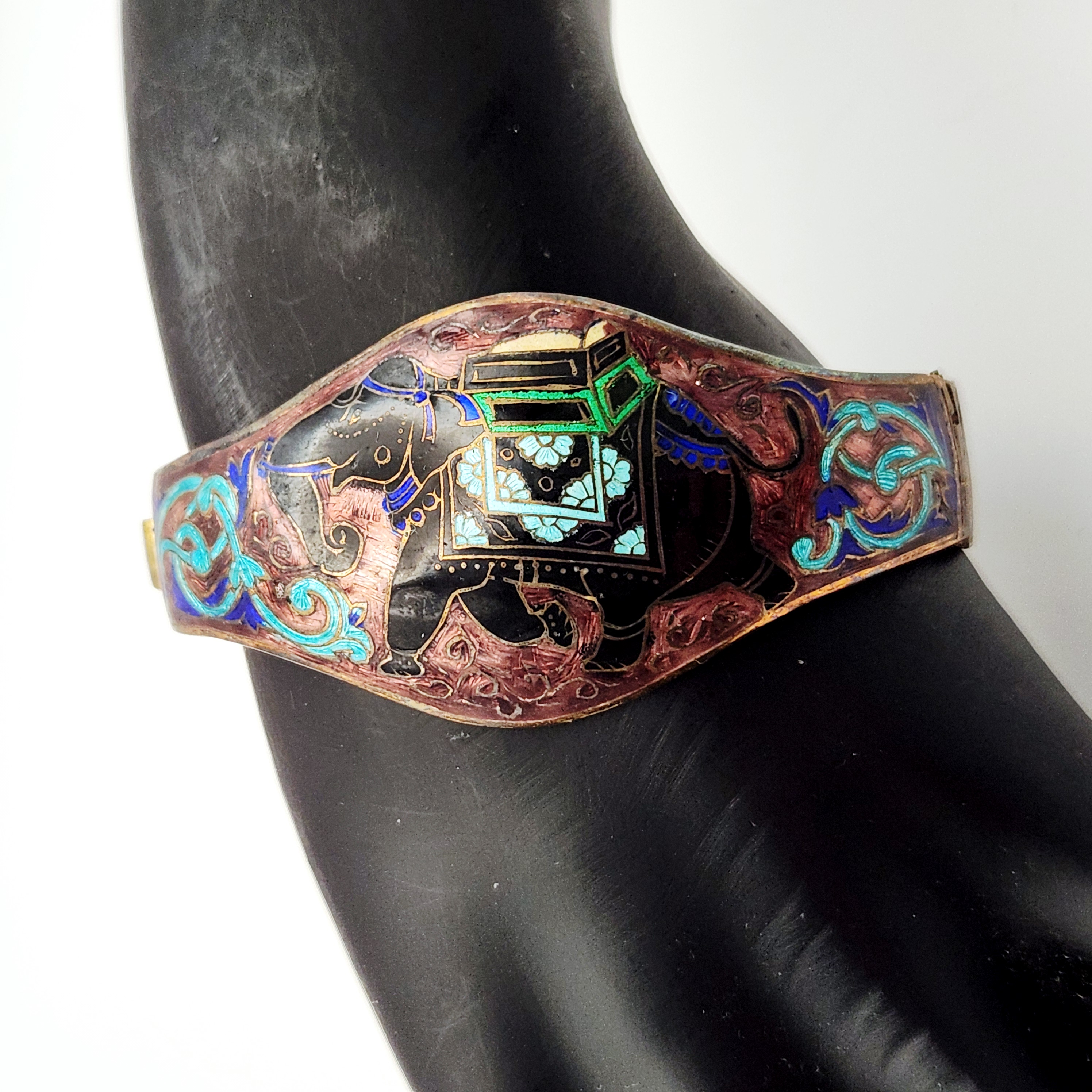 Enamel Elephant Hinged Cuff Bracelet