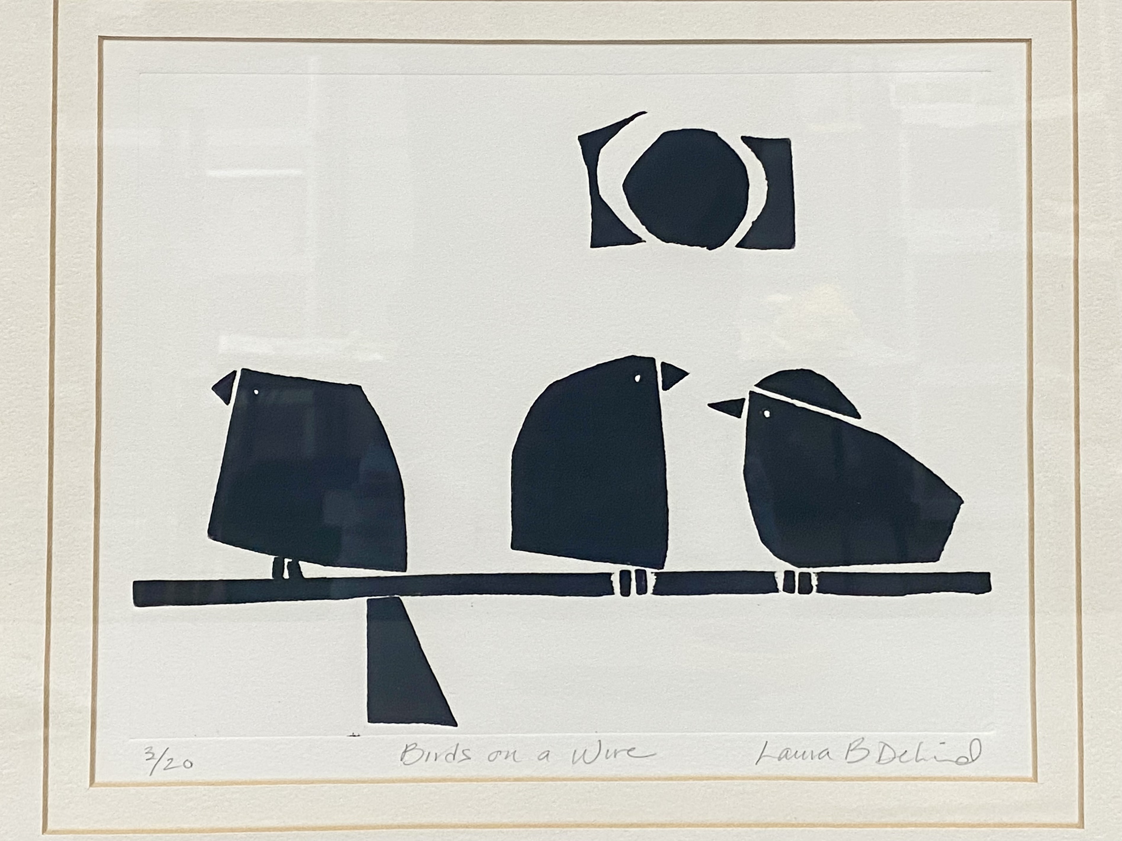 Laura B DeLind Linocut Birds on a Wire
