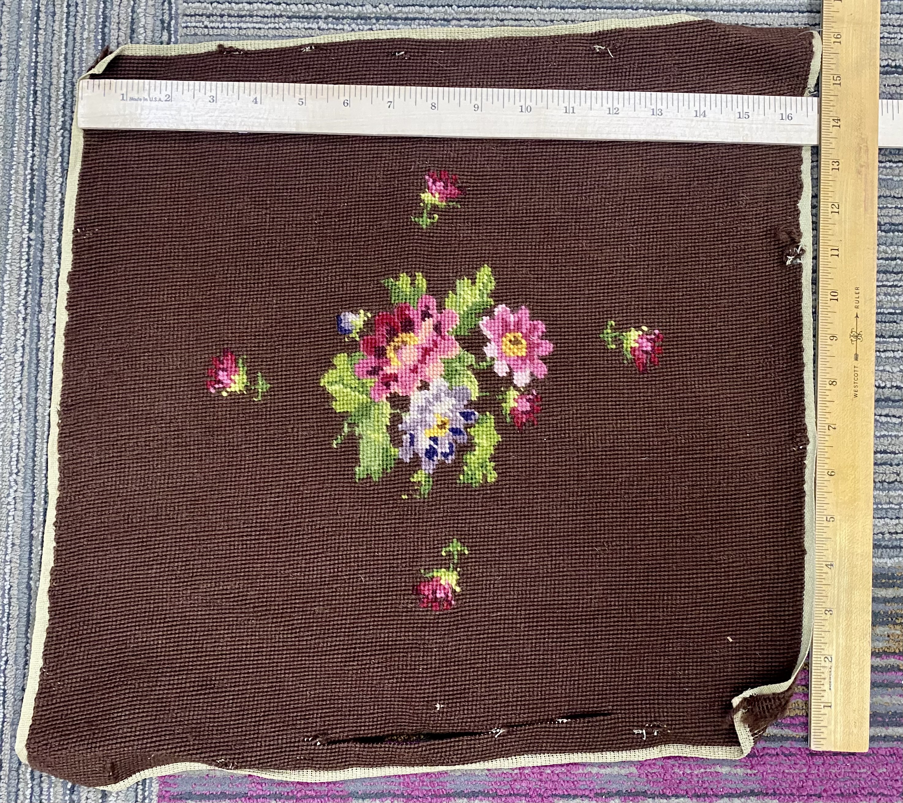 Five Floral Wool Needlepoint Panels