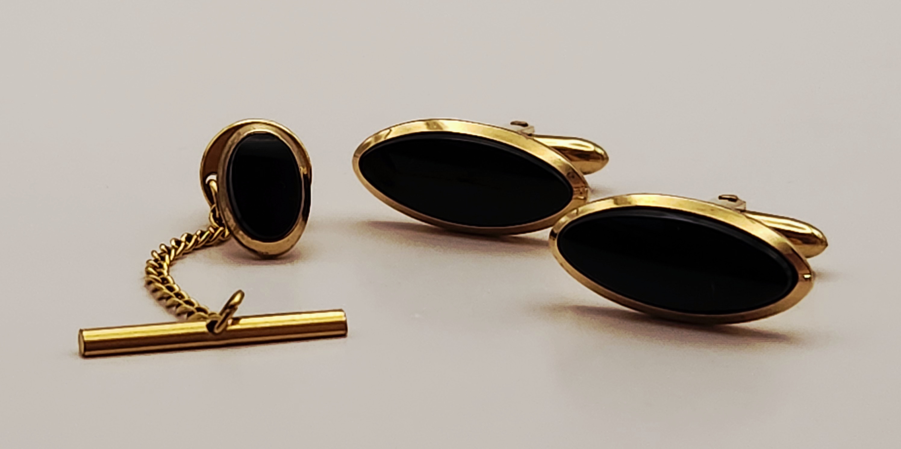 Gold-Filled Onyx Cufflinks & Tie Tack