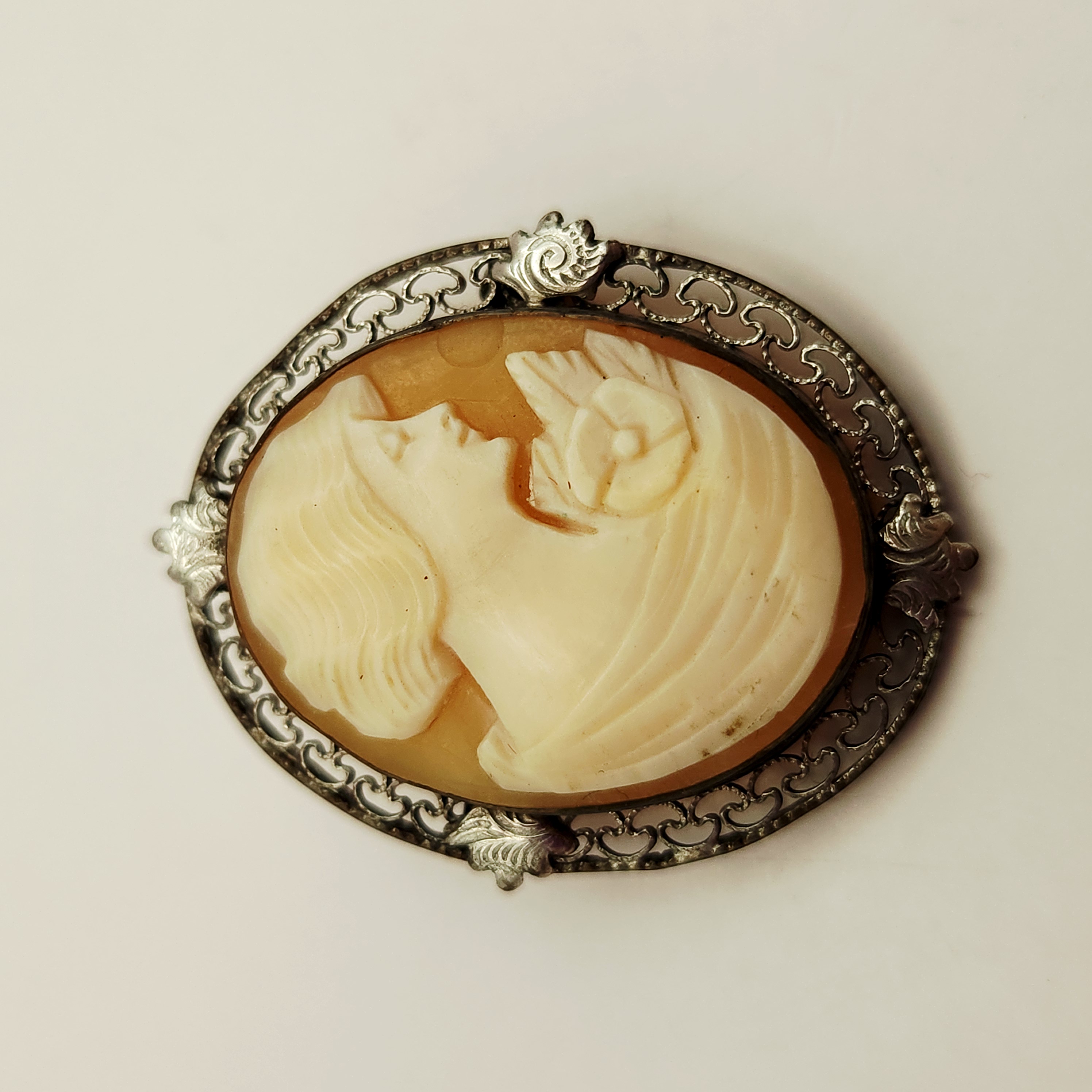 Carved Shell Cameo Filigree Brooch