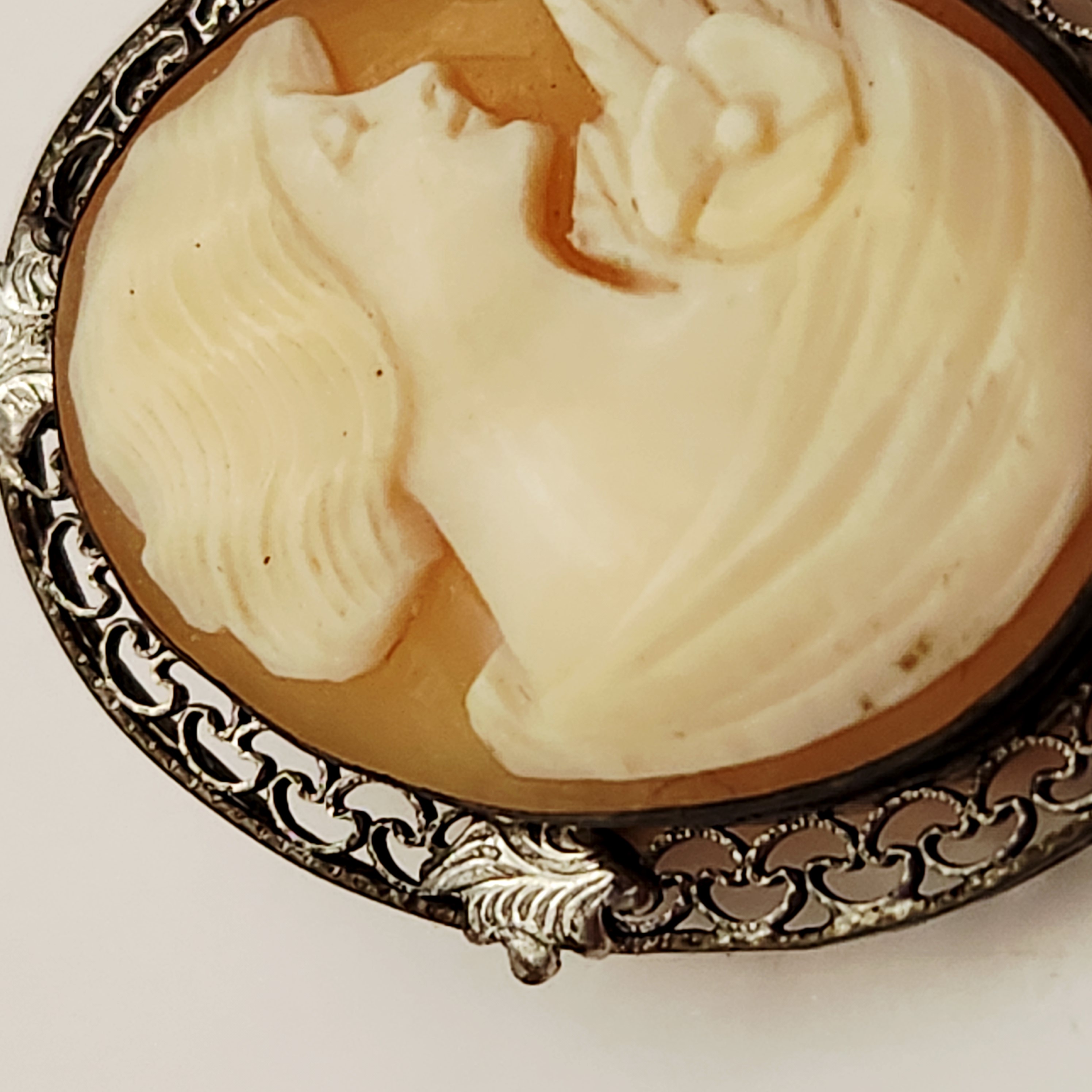 Carved Shell Cameo Filigree Brooch