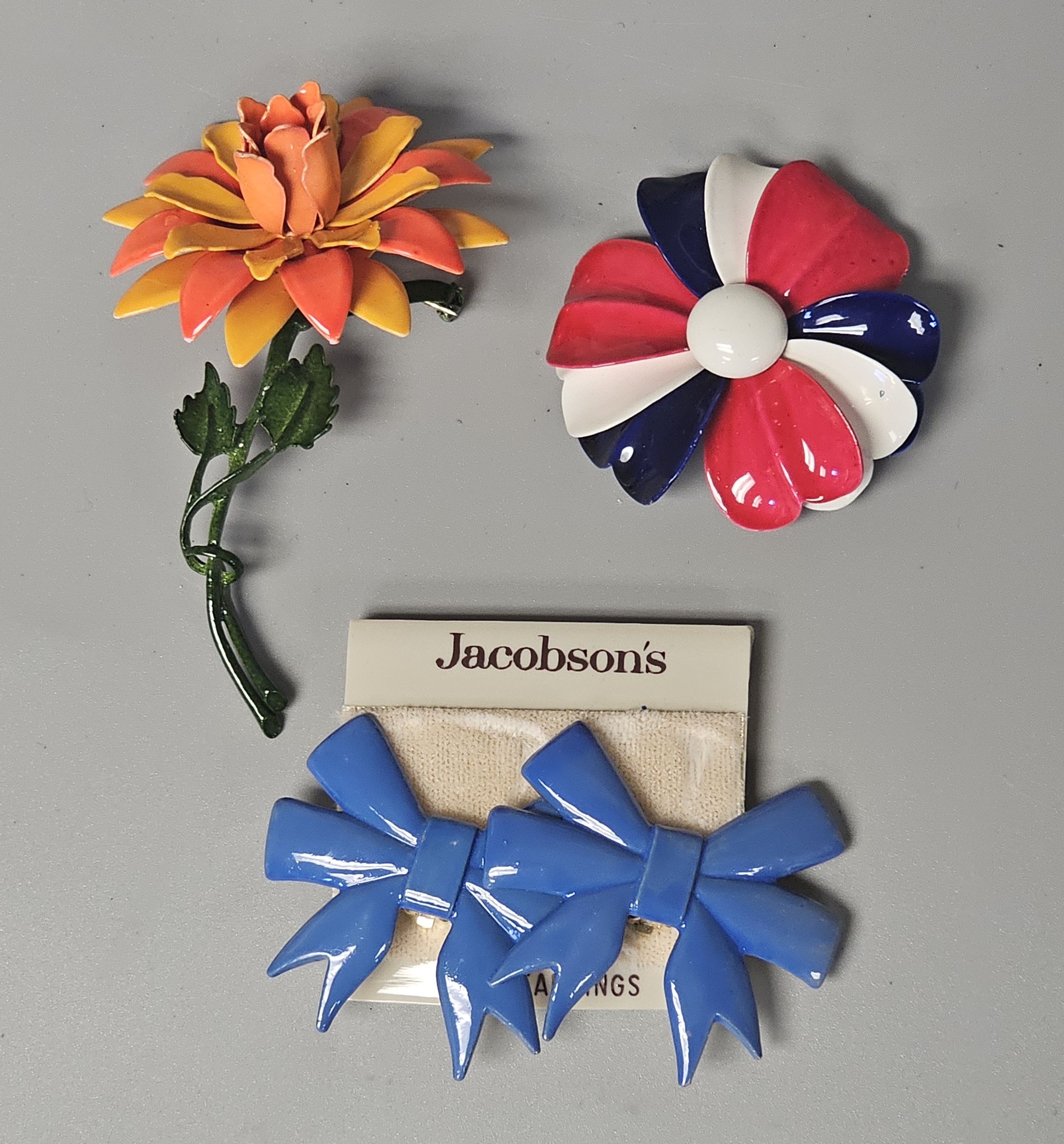 Enameled Floral Brooches and Jacobson's Earrings