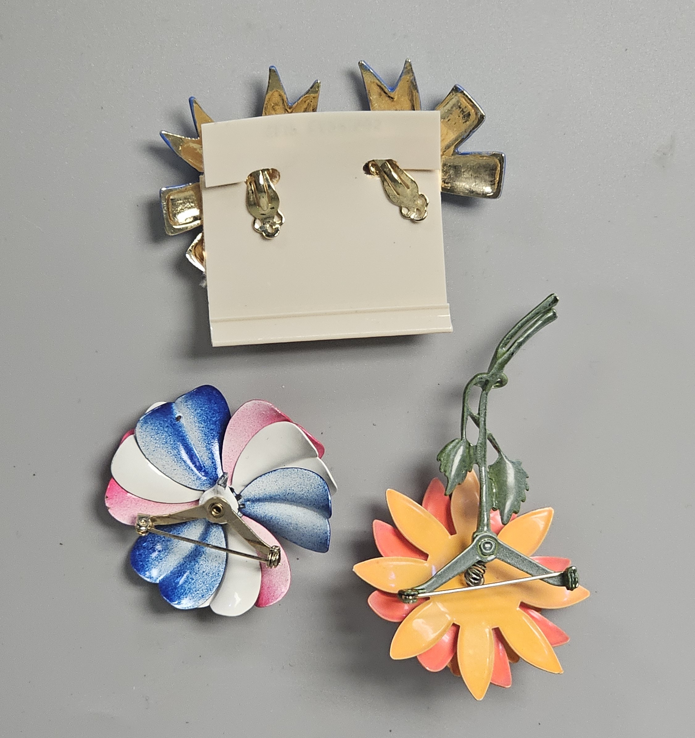 Enameled Floral Brooches and Jacobson's Earrings