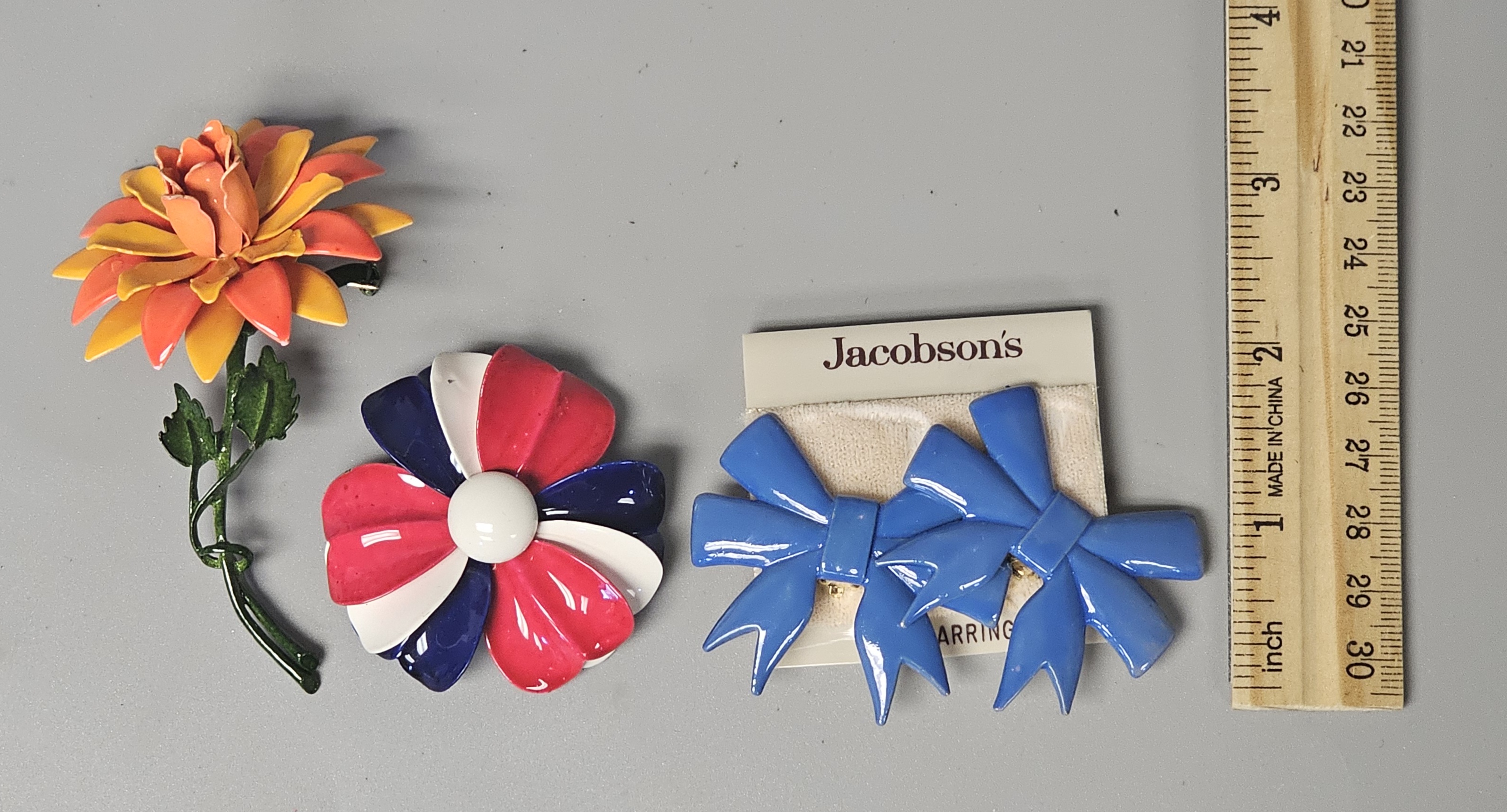 Enameled Floral Brooches and Jacobson's Earrings