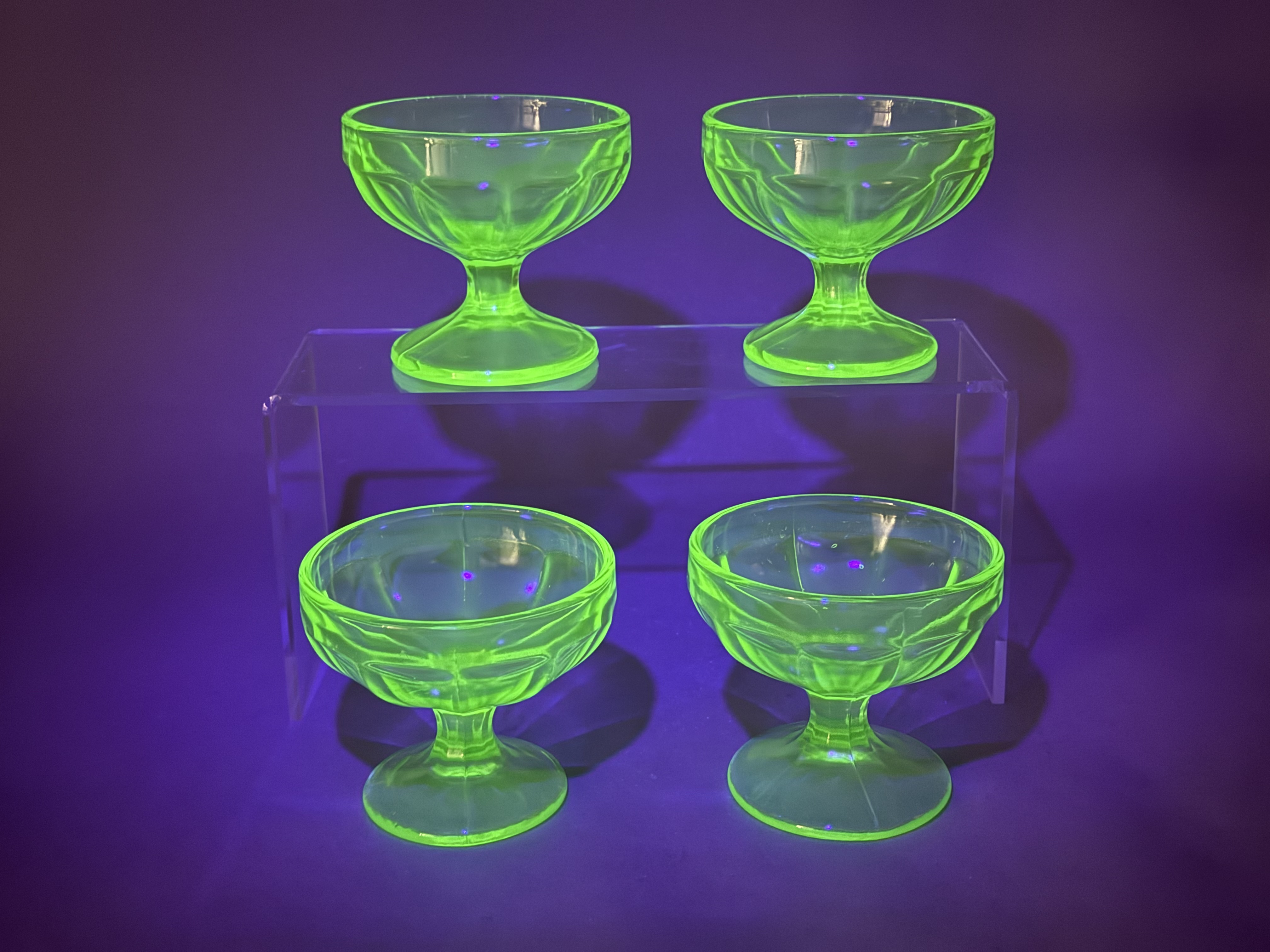 4 Uranium Glass Paneled Sherbet Bowls