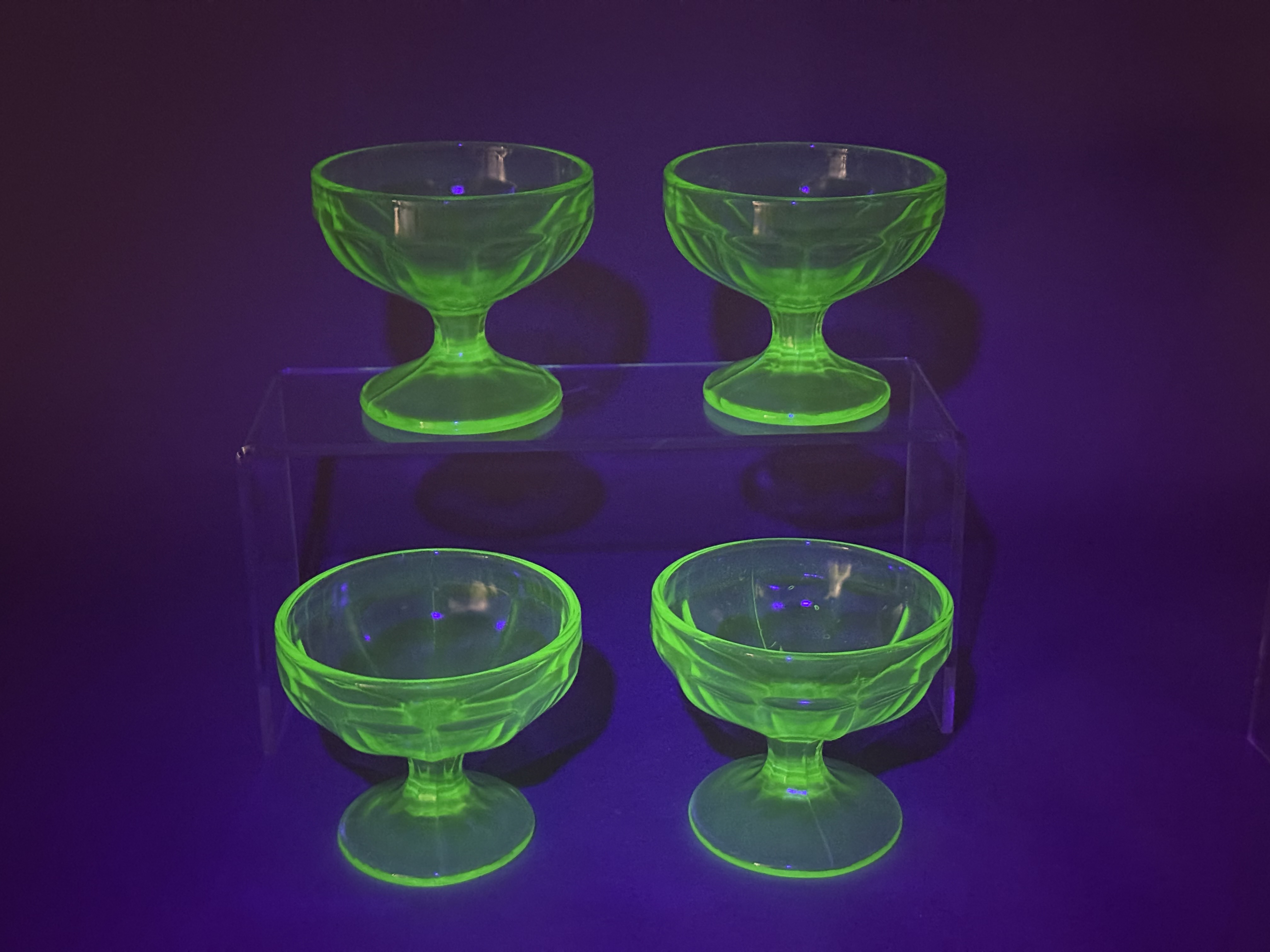 4 Uranium Glass Paneled Sherbet Bowls
