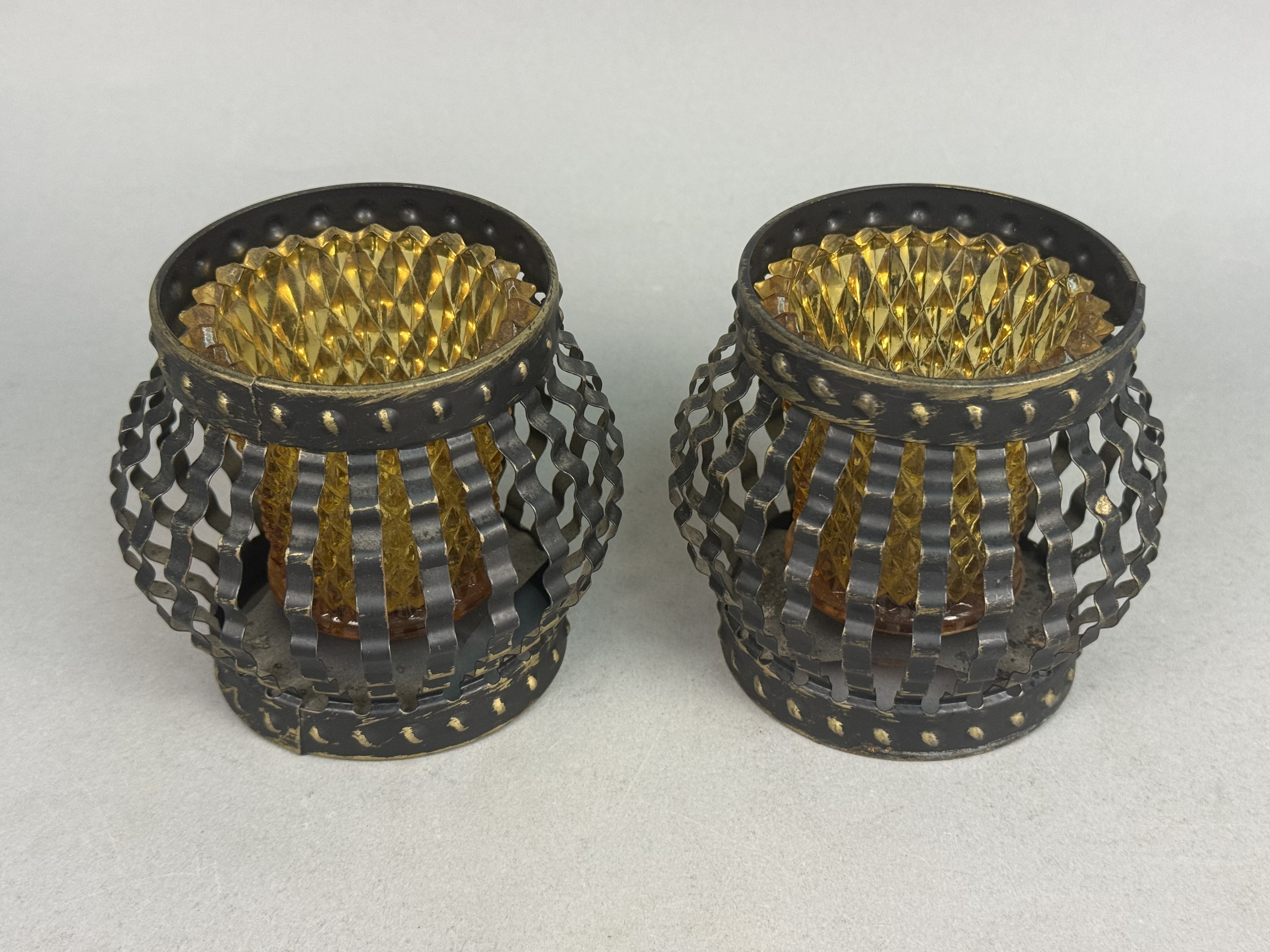 Amber Glass & Metal Votive Holders