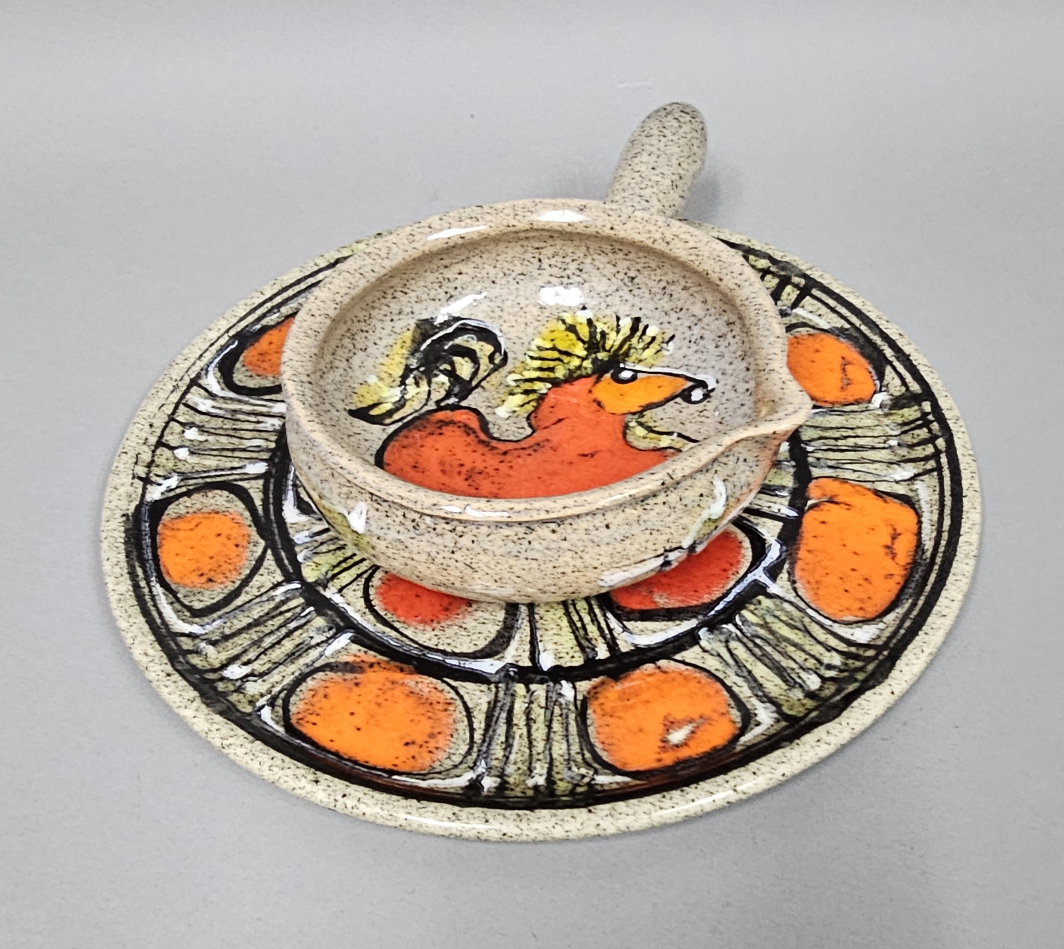 Speckled Earthenware Hand-Painted Rooster Pipkin & Plate