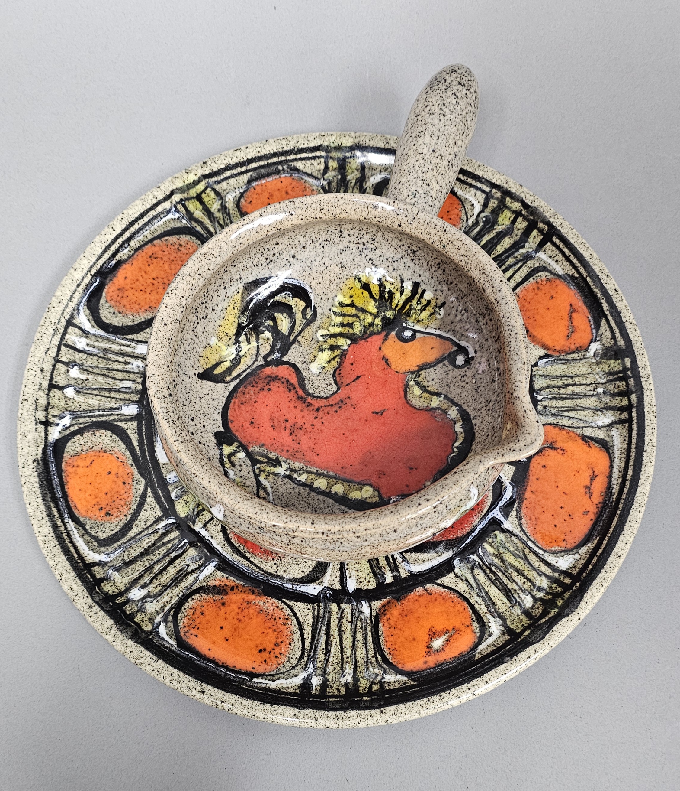 Speckled Earthenware Hand-Painted Rooster Pipkin & Plate
