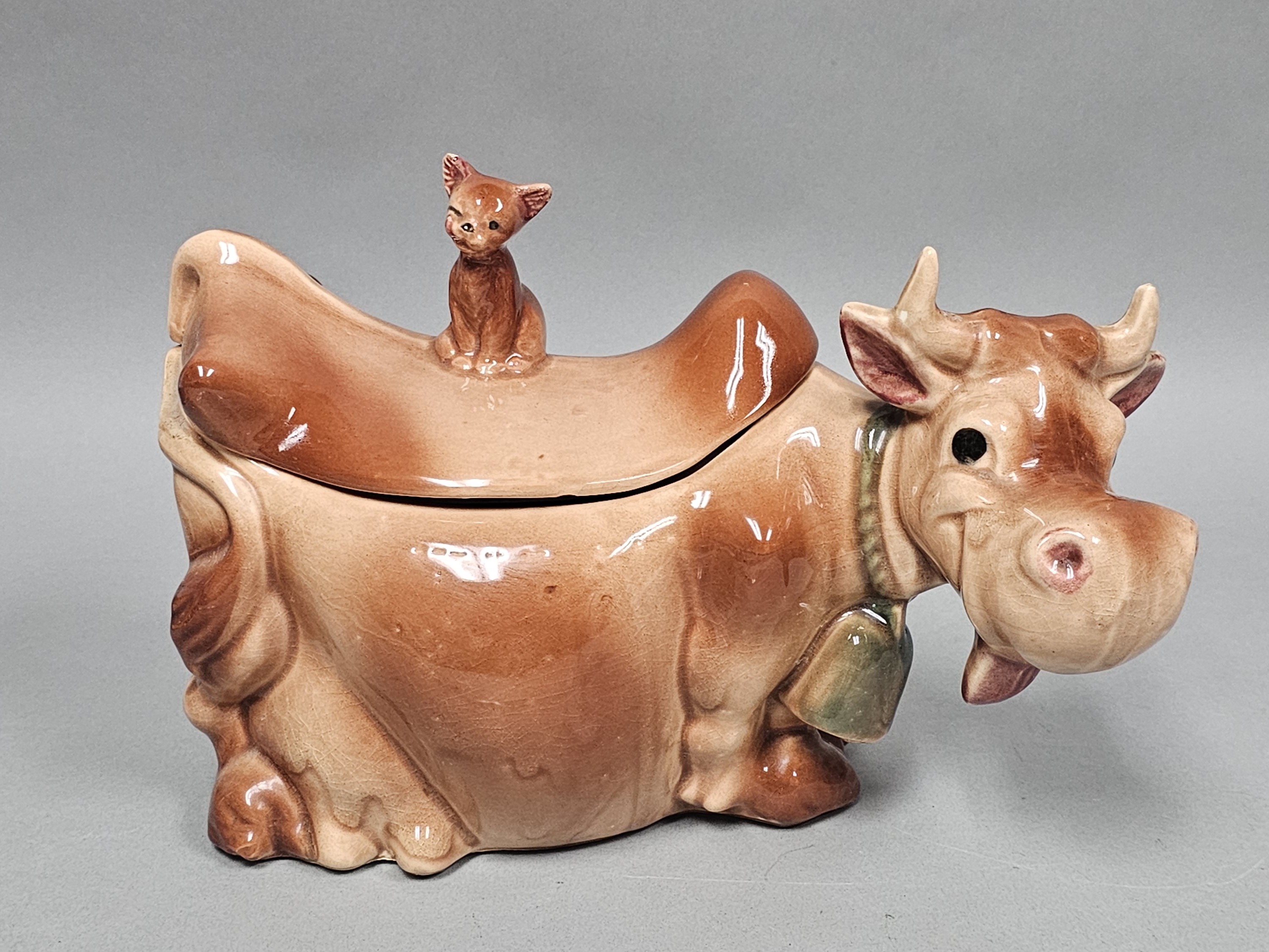 USA Glazed Ceramic Cow & Cat Jar