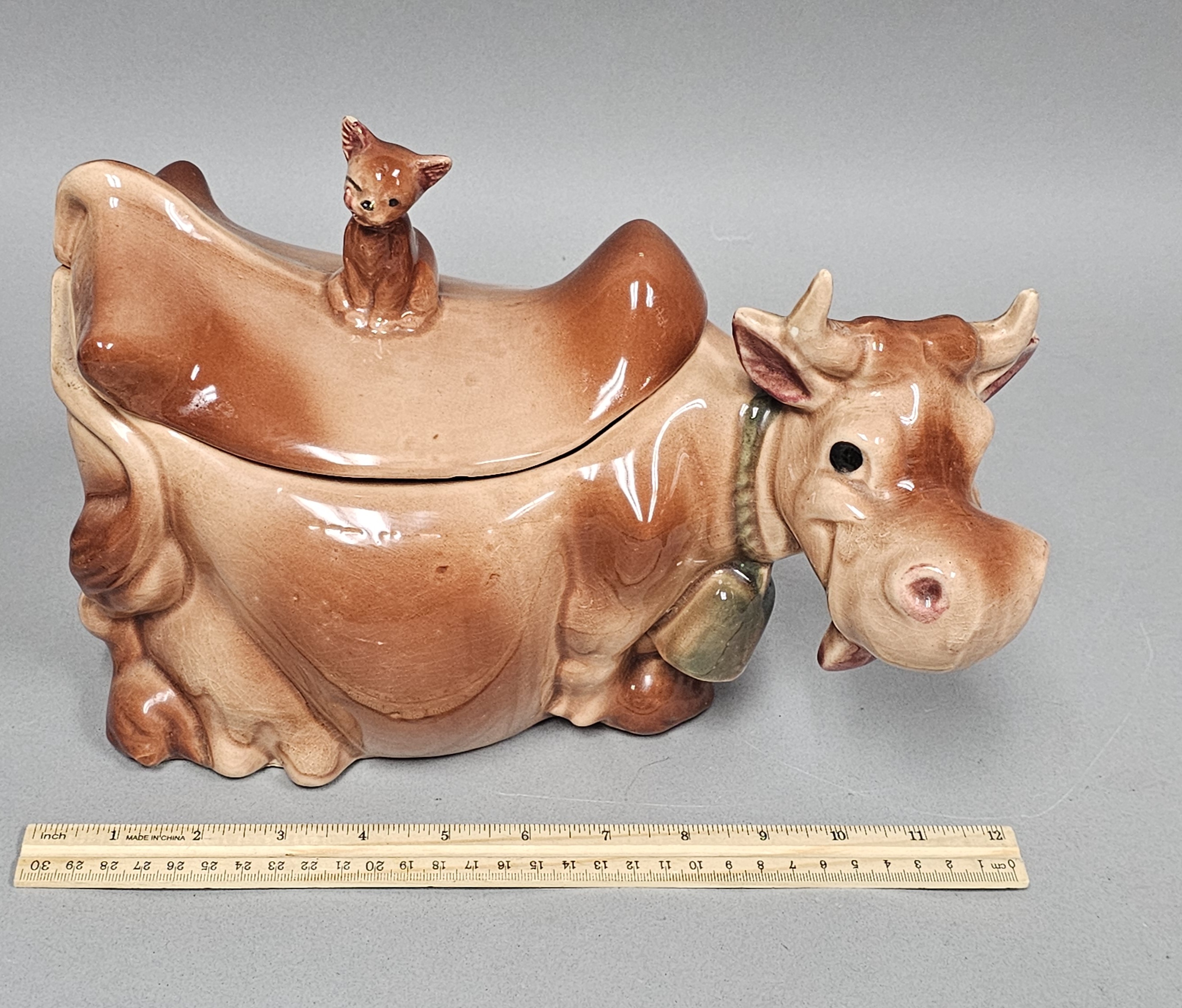 USA Glazed Ceramic Cow & Cat Jar