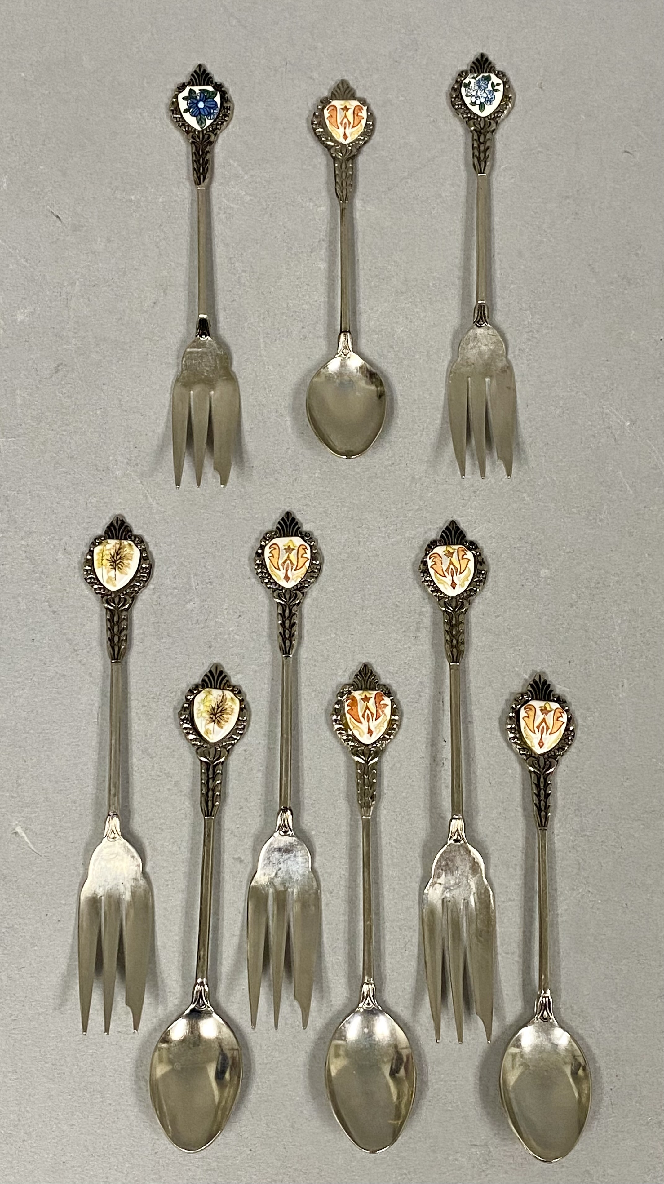 9pc Japanese Silver-Tone Enamel Dessert Flatware