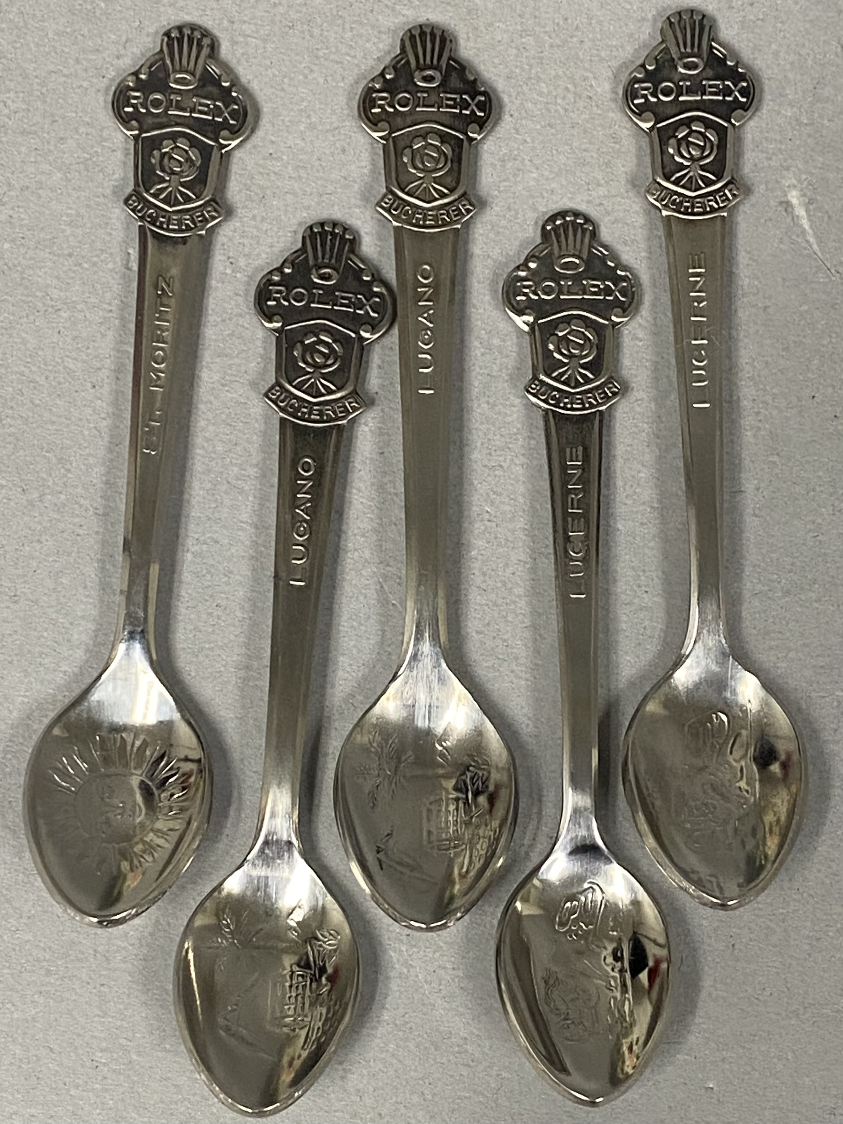5 Rolex Bucherer Silver-Plated Souvenir Spoons