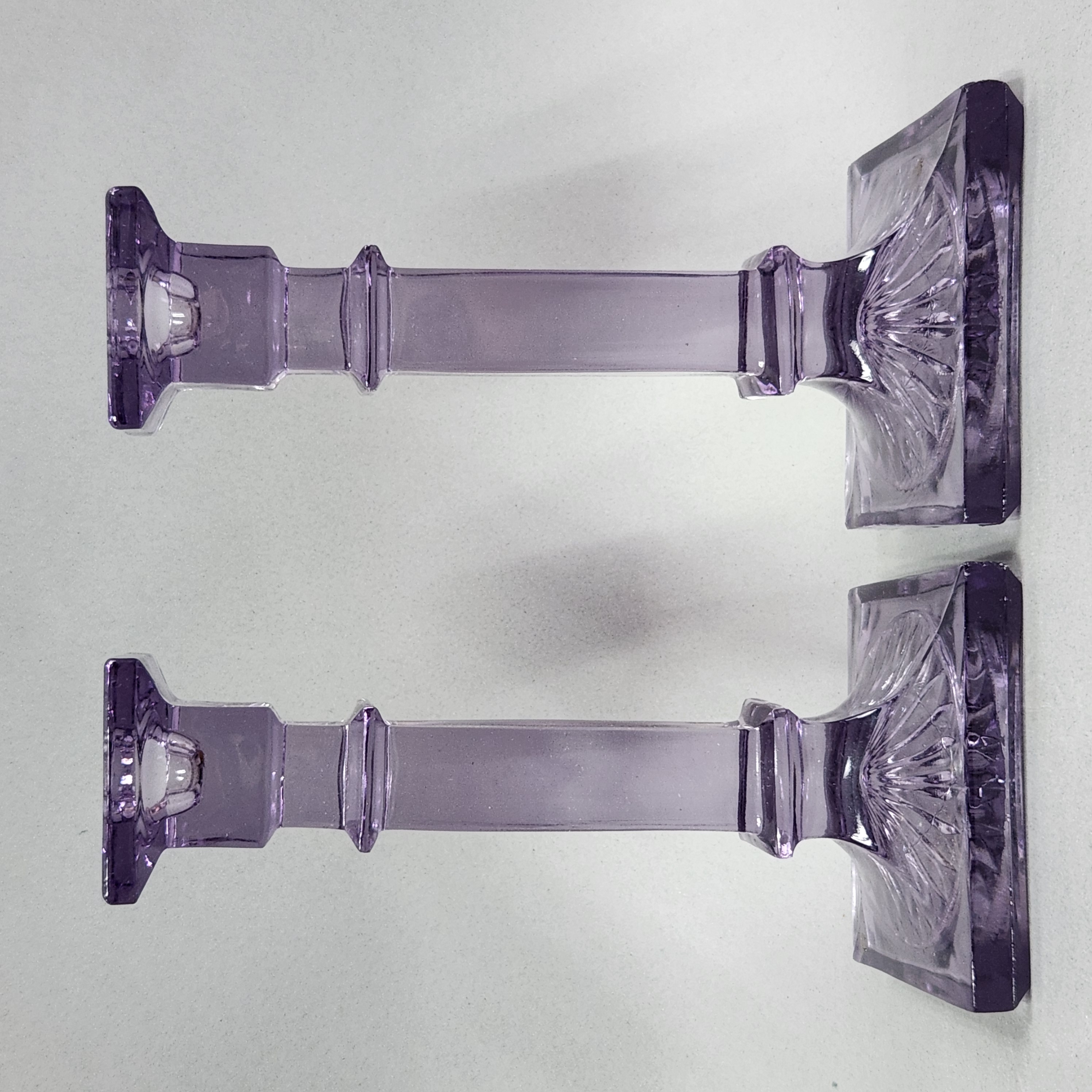 Amethyst Pressed Glass Column Candlesticks