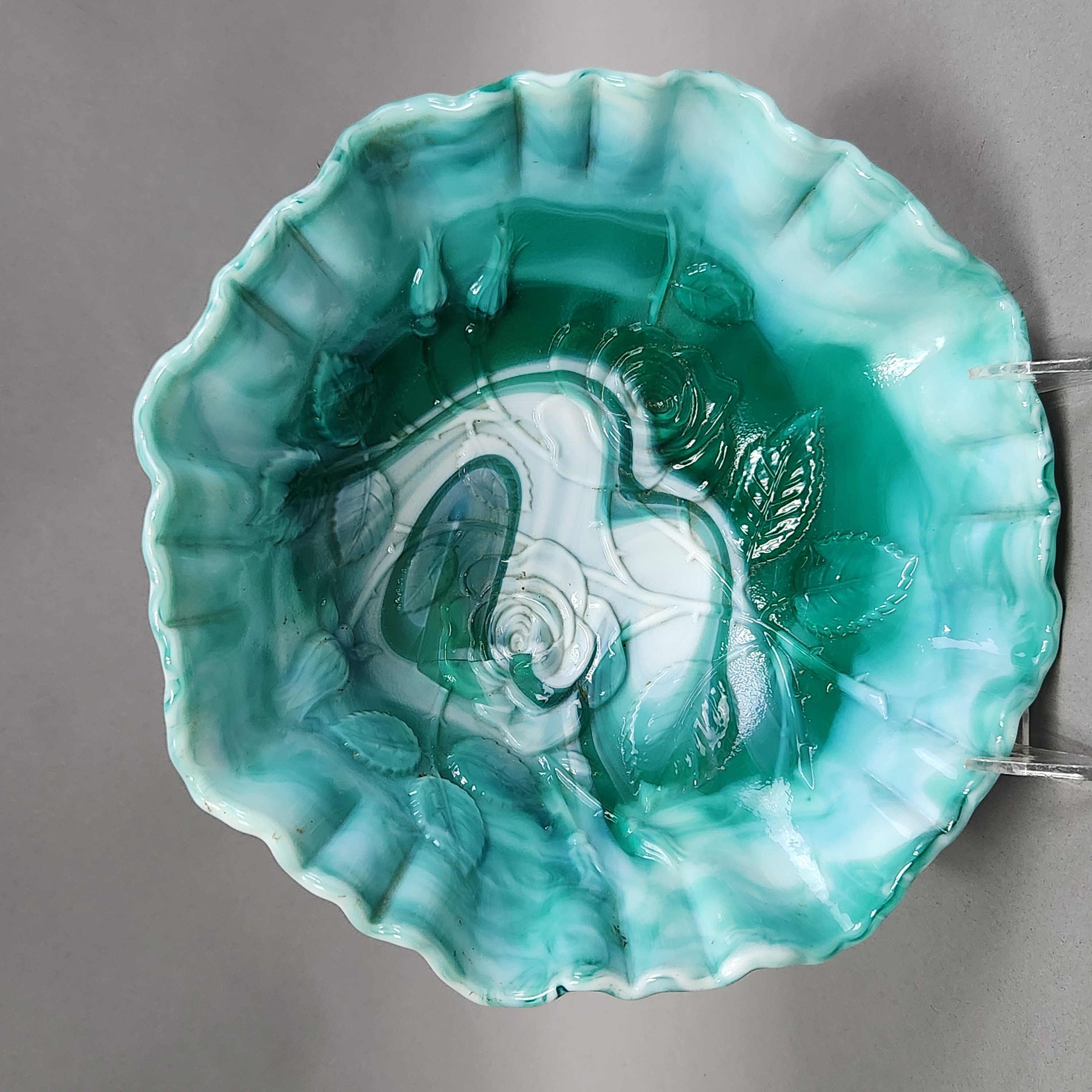 American Green Slag Glass Rose Ruffled Bowl