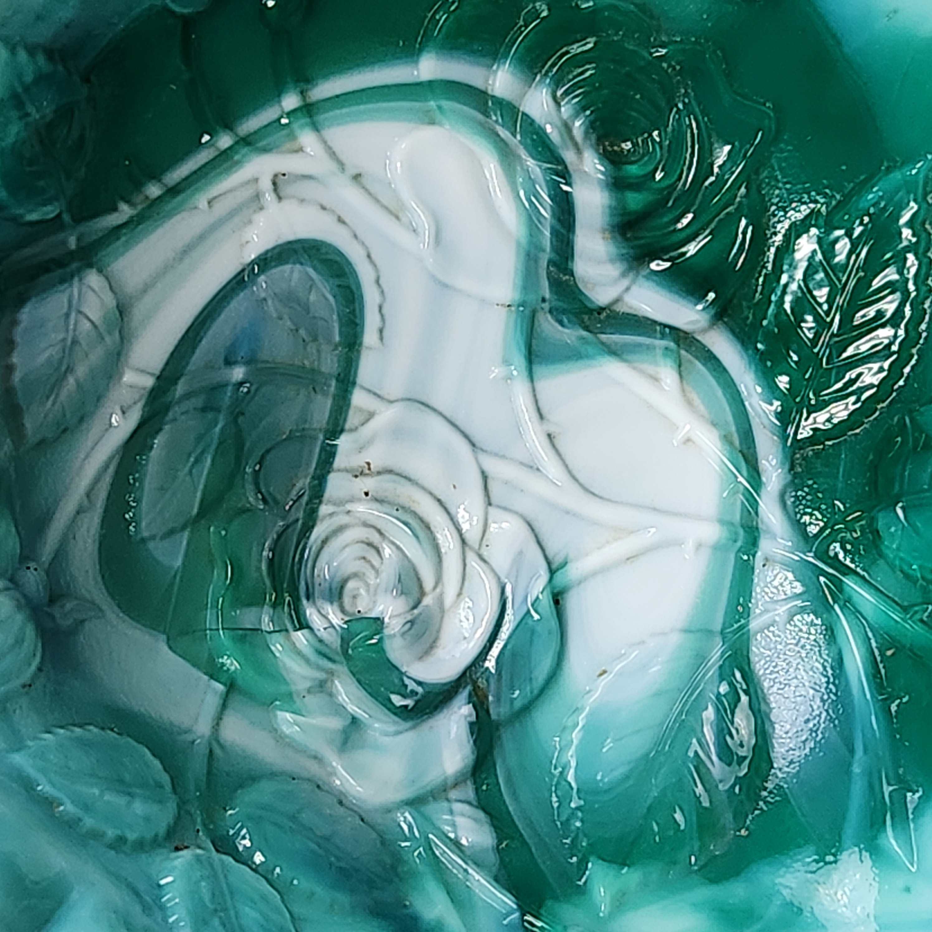American Green Slag Glass Rose Ruffled Bowl